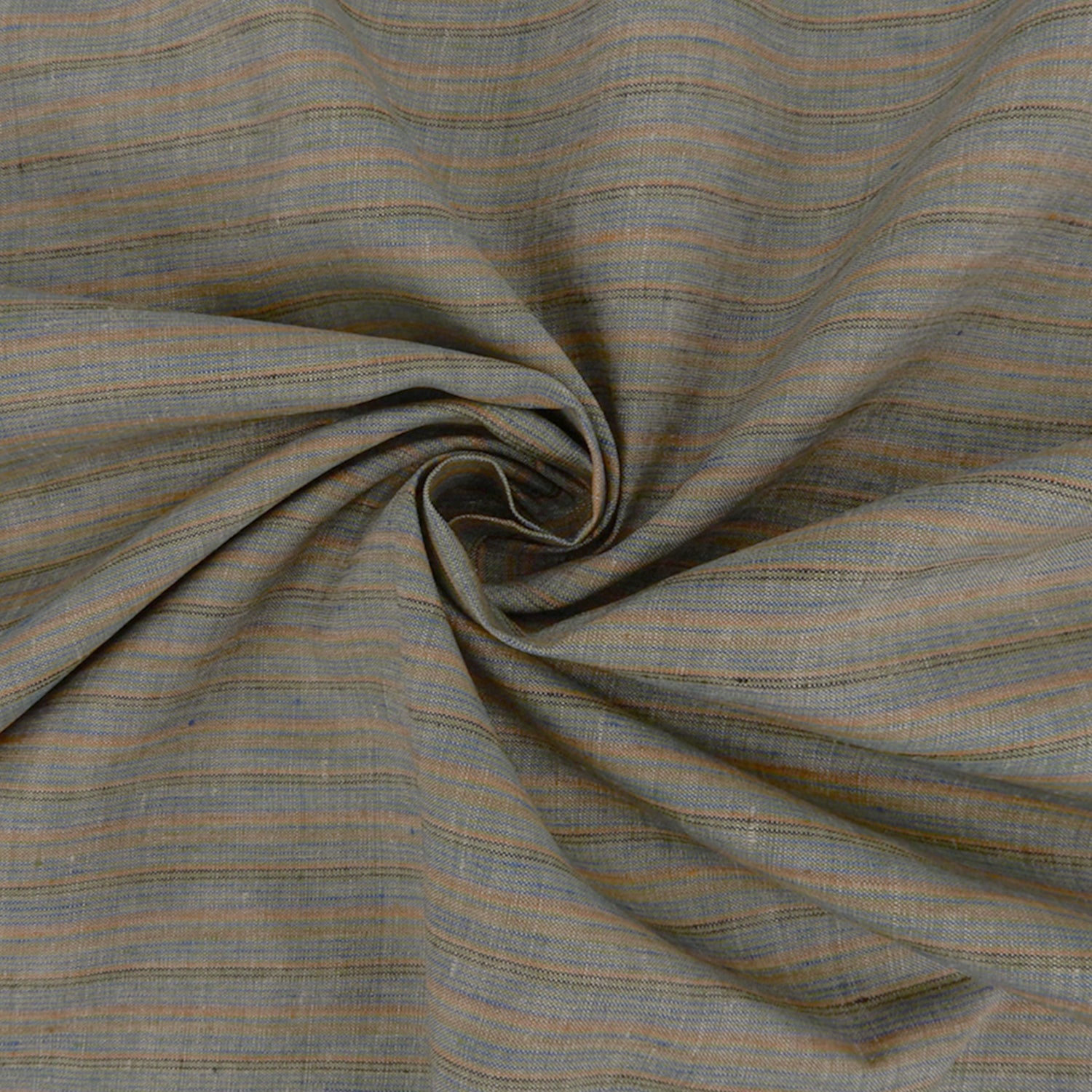 Premium 100% European Linen Yarn Dyed Muted Stripe Fabric. muted blue, brown & beige stripe. shown swirled