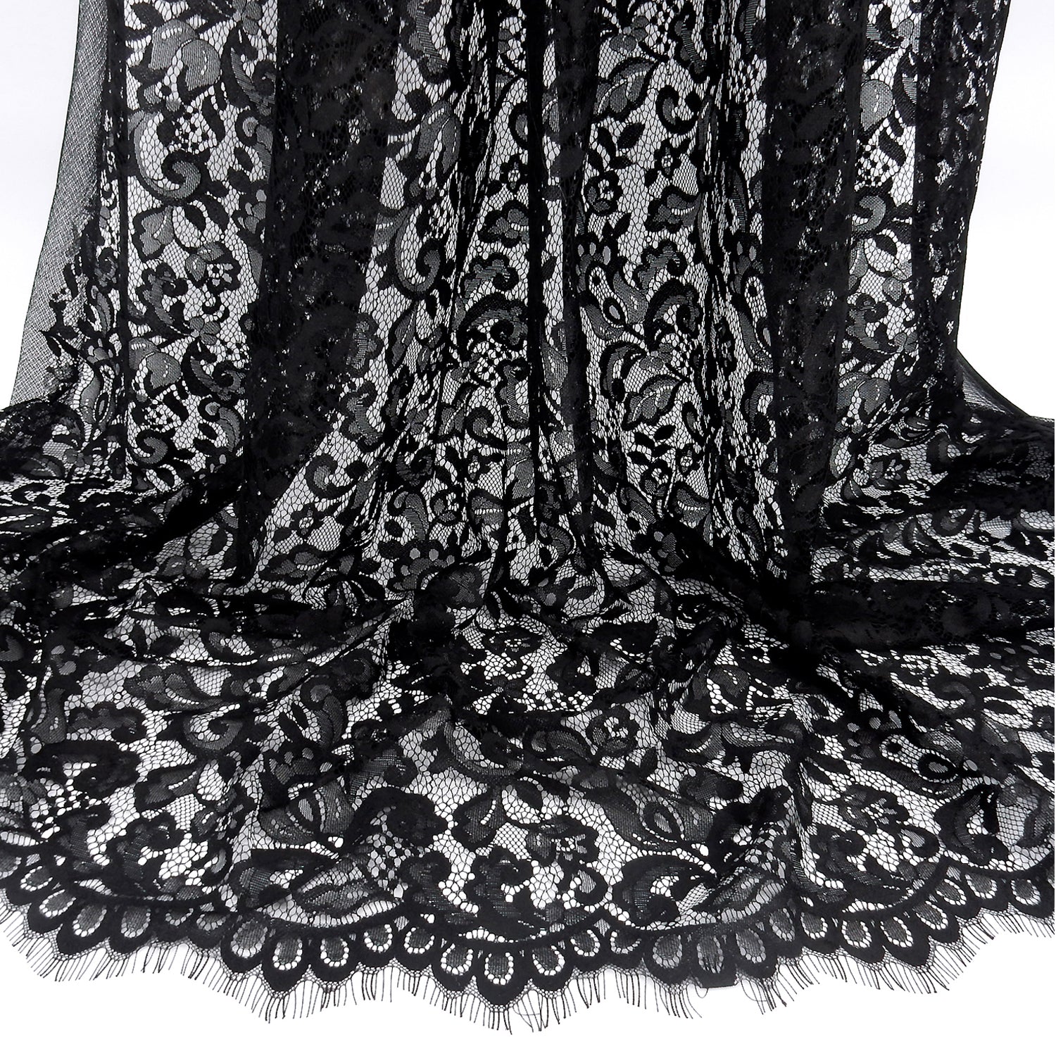 Double Scalloped Eyelash Border Klauber Lace Fabric 3529 Black