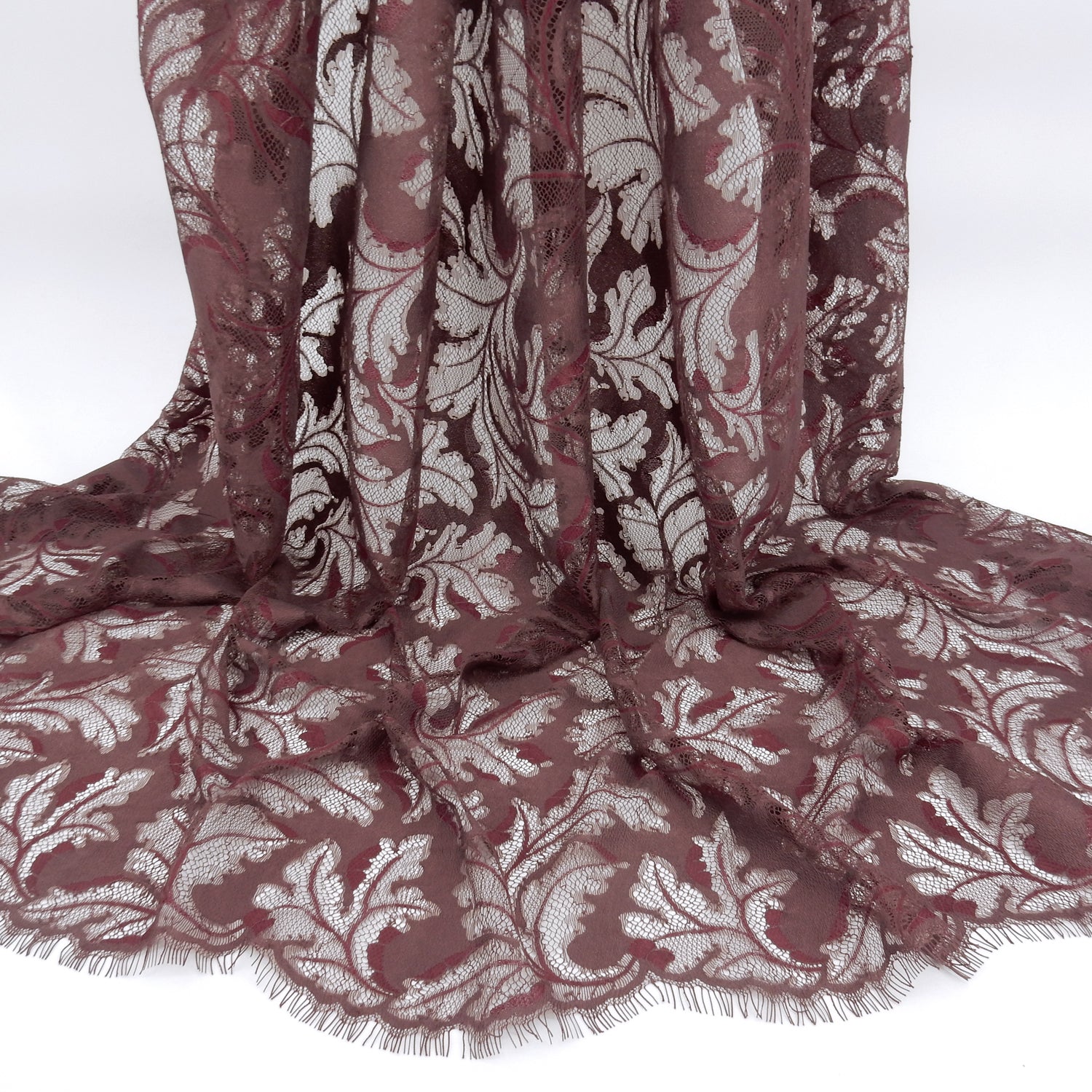 Double Eyelash Border Mesh Klauber Lace Fabric 3538 Mauve/Burgundy
