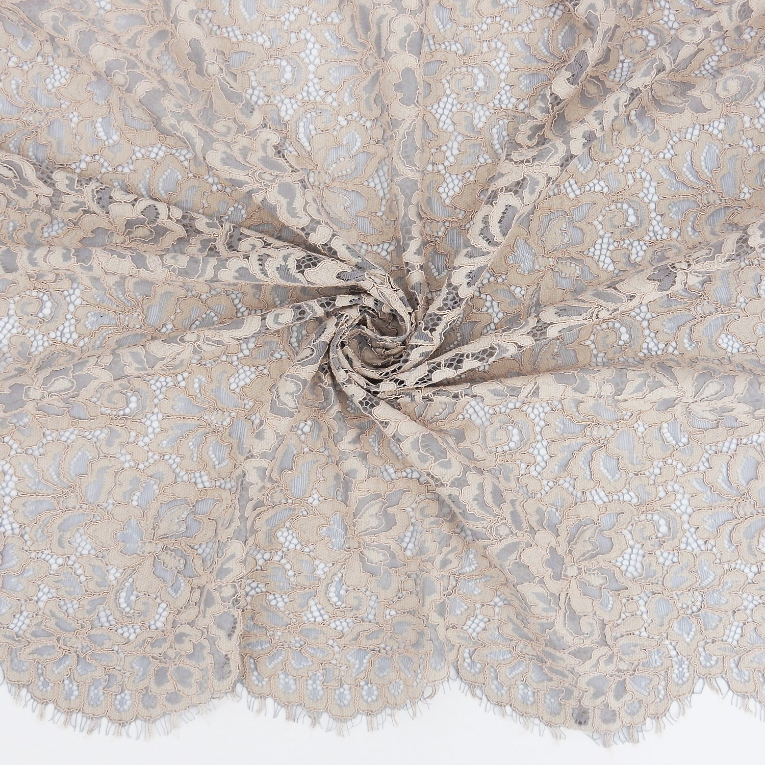 Double Scalloped Eyelash Border Klauber Lace Fabric 3543 Dusty Blue/Seashell