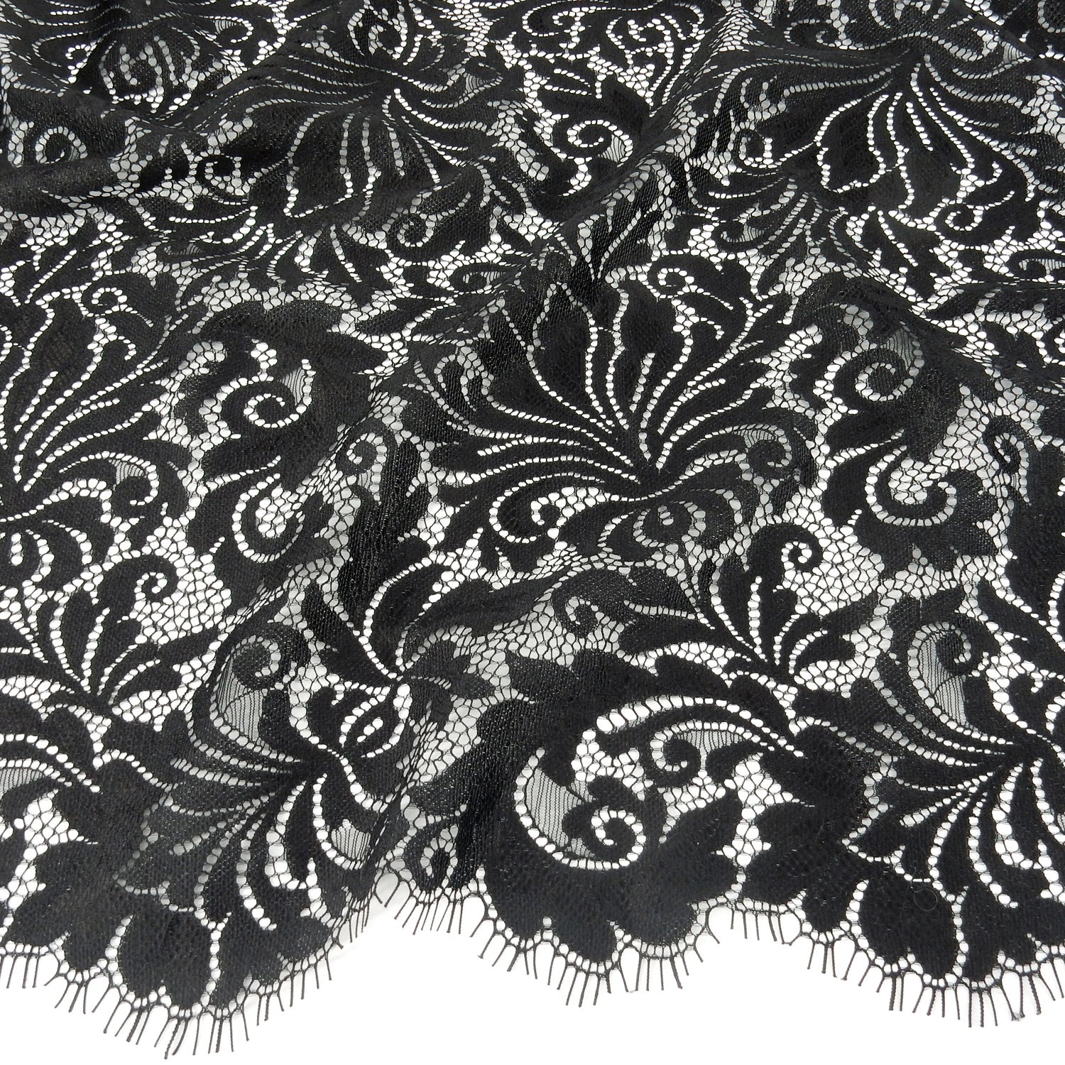 Double Scalloped Eyelash Border Klauber Lace Fabric 3570 Black