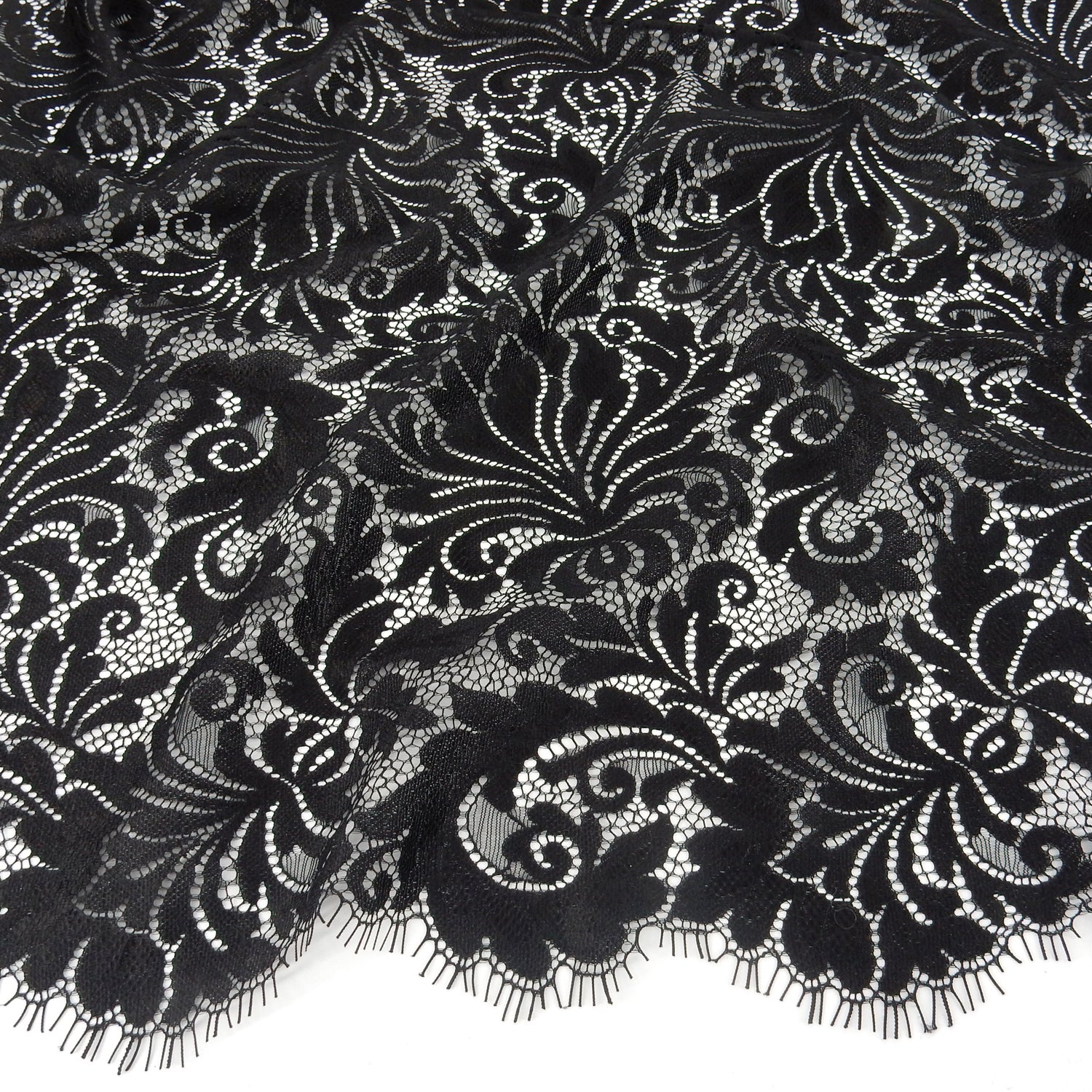 Double Scalloped Eyelash Border Klauber Lace Fabric 3570 Black