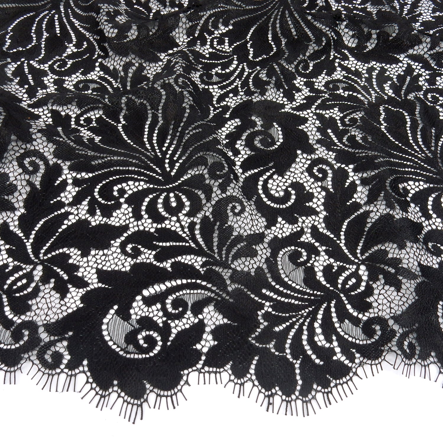 Double Scalloped Eyelash Border Klauber Lace Fabric 3570 Black