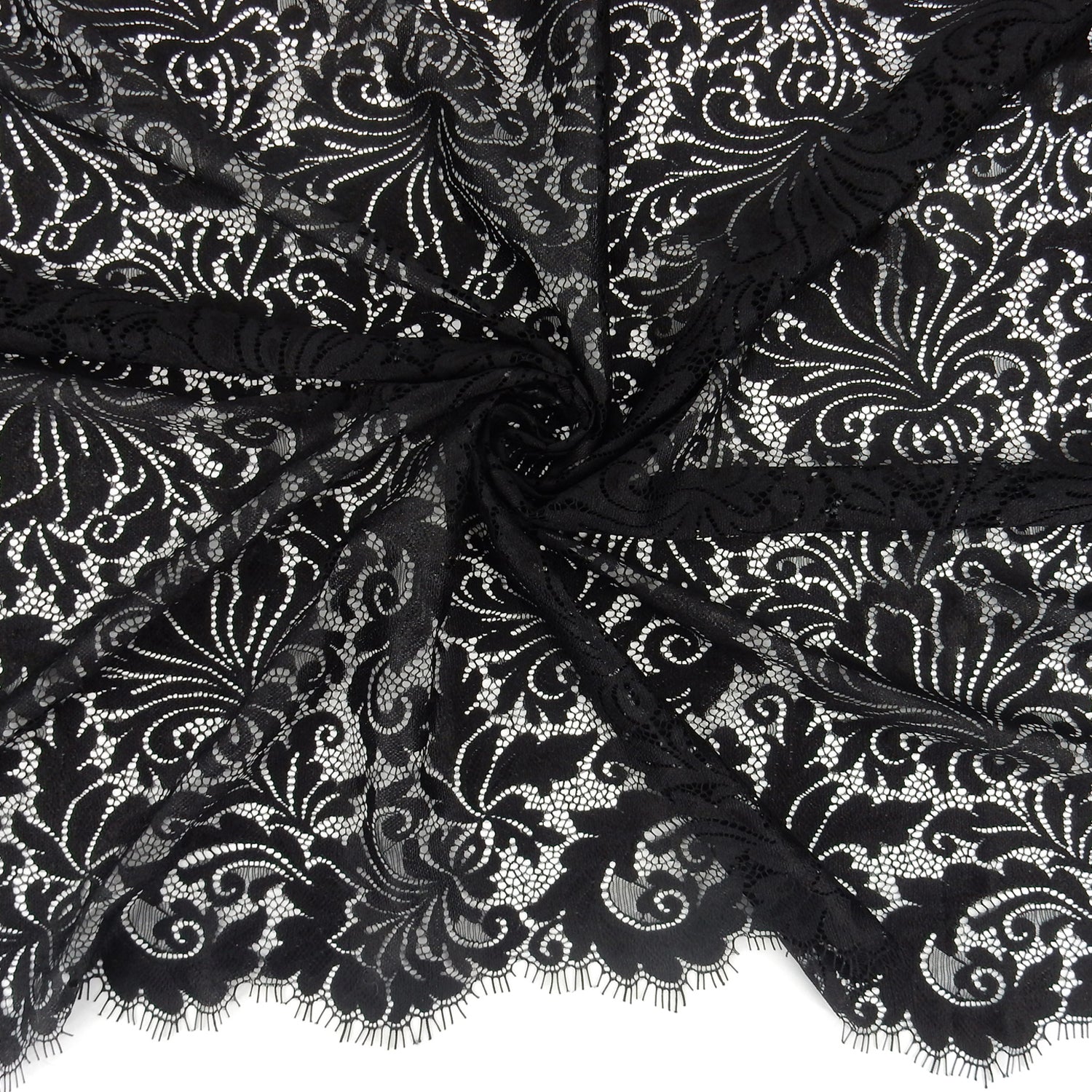 Double Scalloped Eyelash Border Klauber Lace Fabric 3570 Black