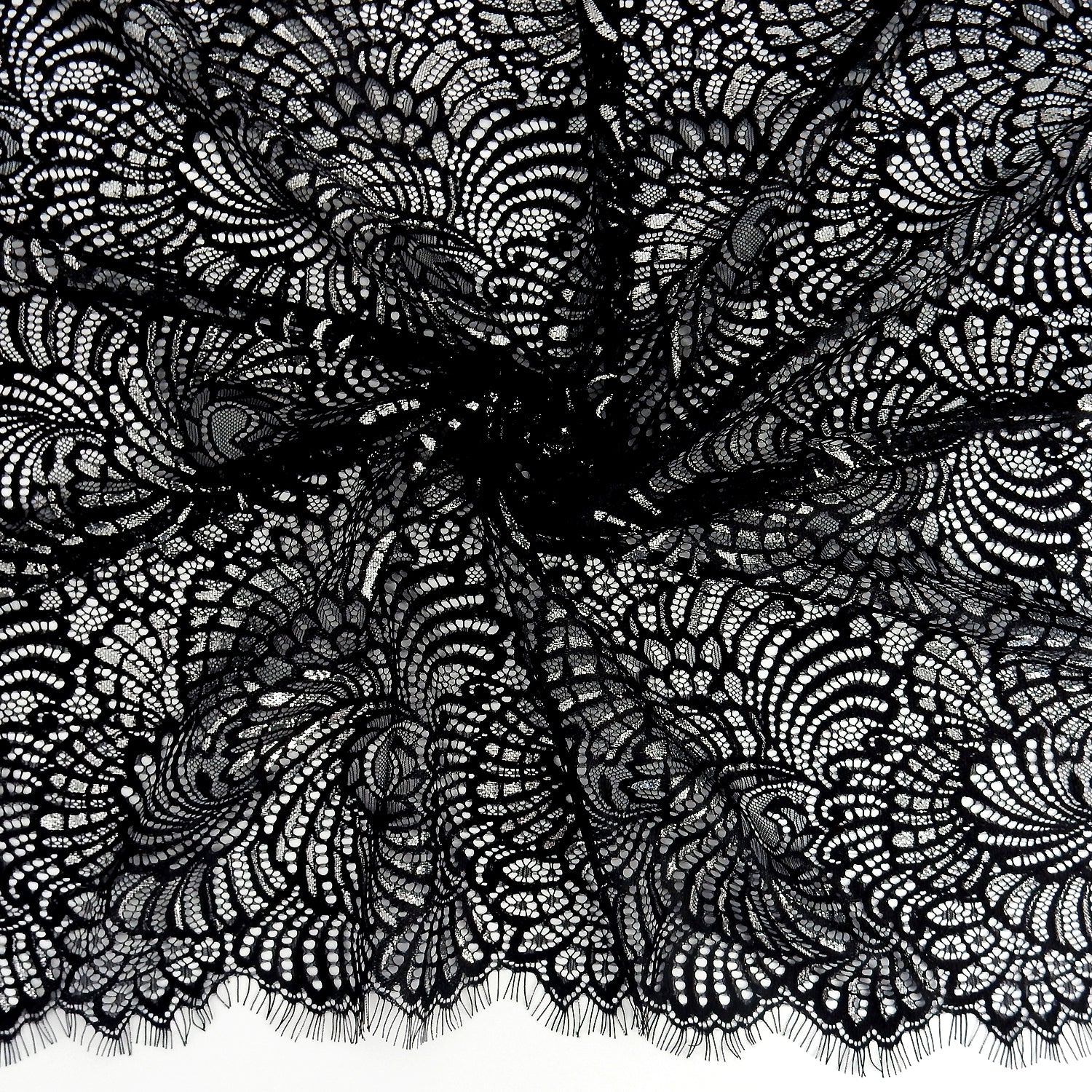 Metallic Double Scalloped Eyelash Border Klauber Lace Fabric 4007 Black/Silver