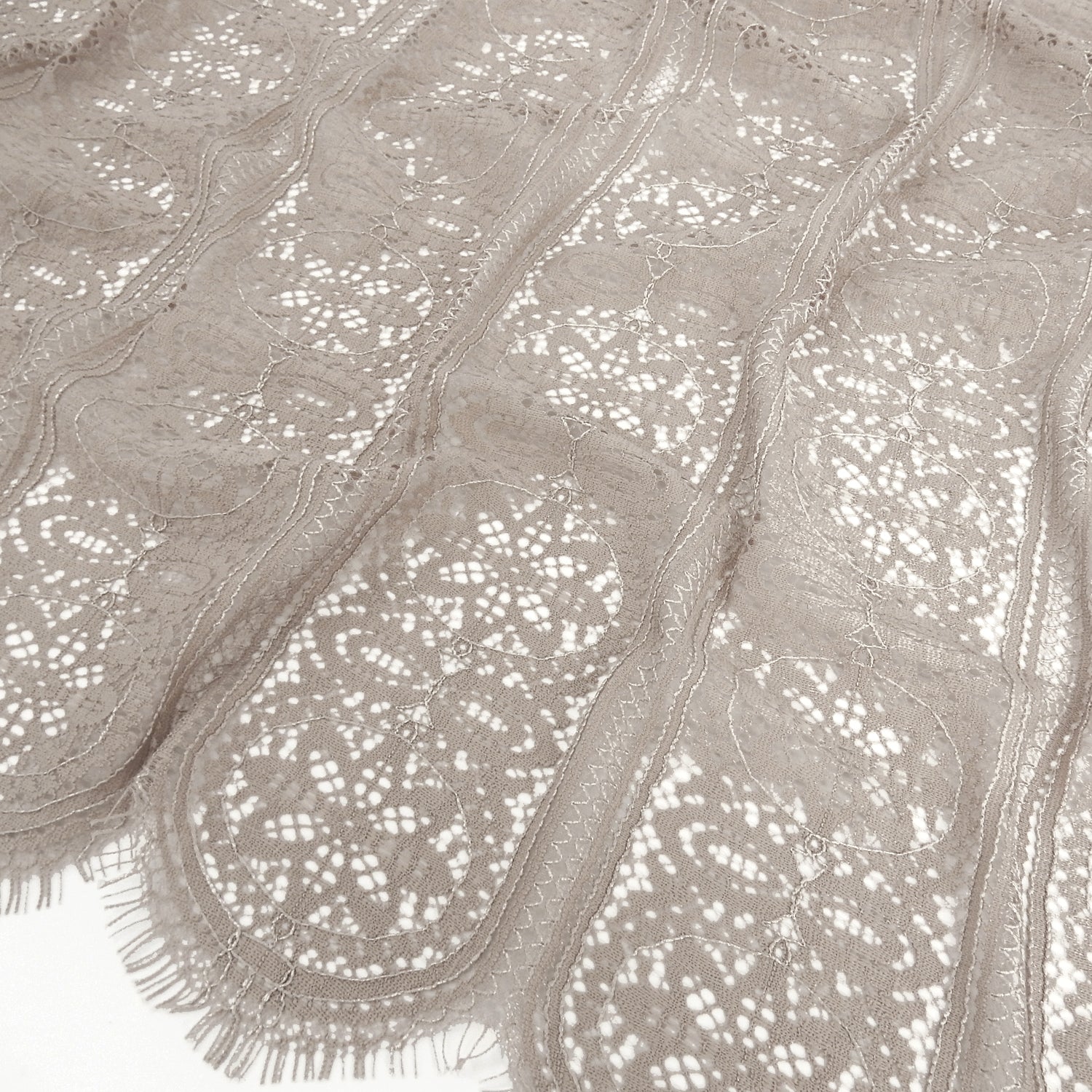 Double Scalloped Eyelash Border Klauber Lace Fabric 4026 Taupe