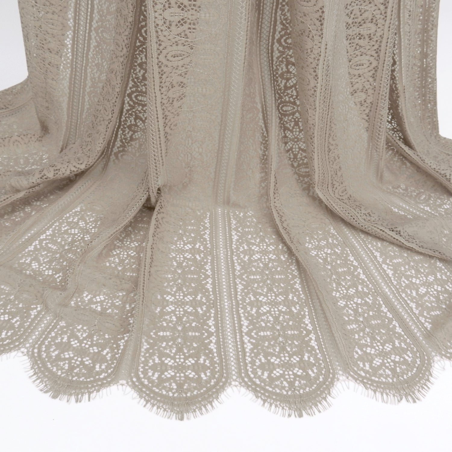 Double Scalloped Eyelash Border Klauber Lace Fabric 4026 Taupe