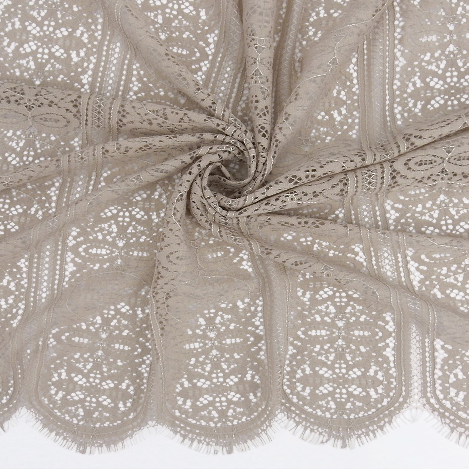 Double Scalloped Eyelash Border Klauber Lace Fabric 4026 Taupe