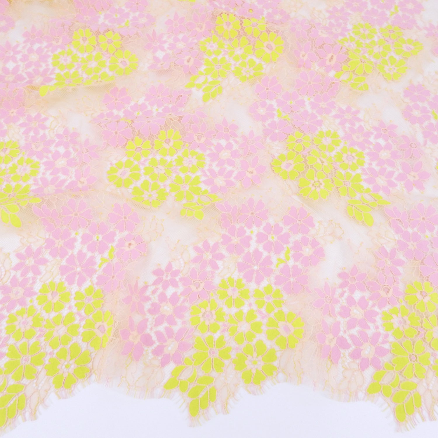 Double Scalloped Eyelash Border Klauber Lace Fabric 4058 Pink/Yellow