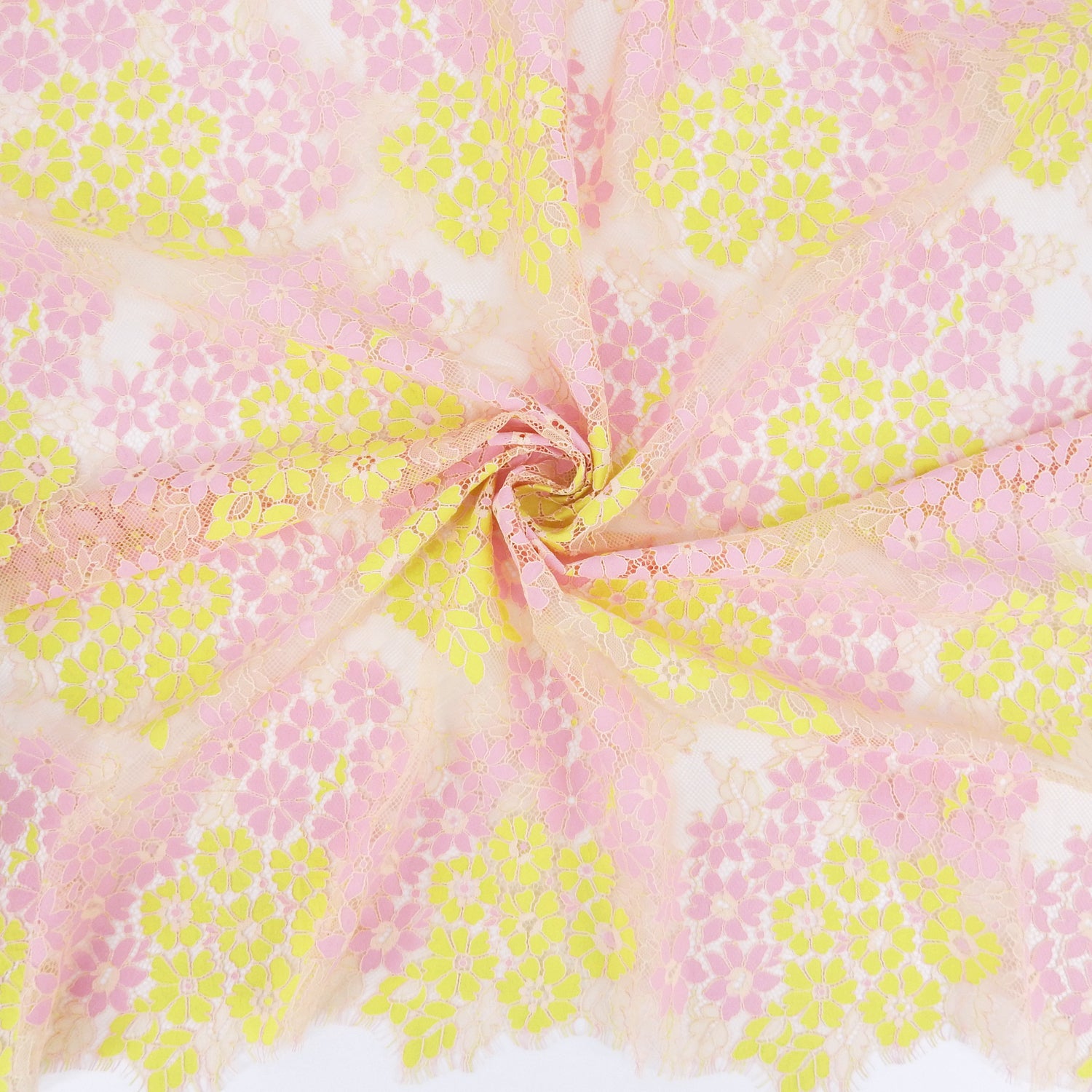 Double Scalloped Eyelash Border Klauber Lace Fabric 4058 Pink/Yellow