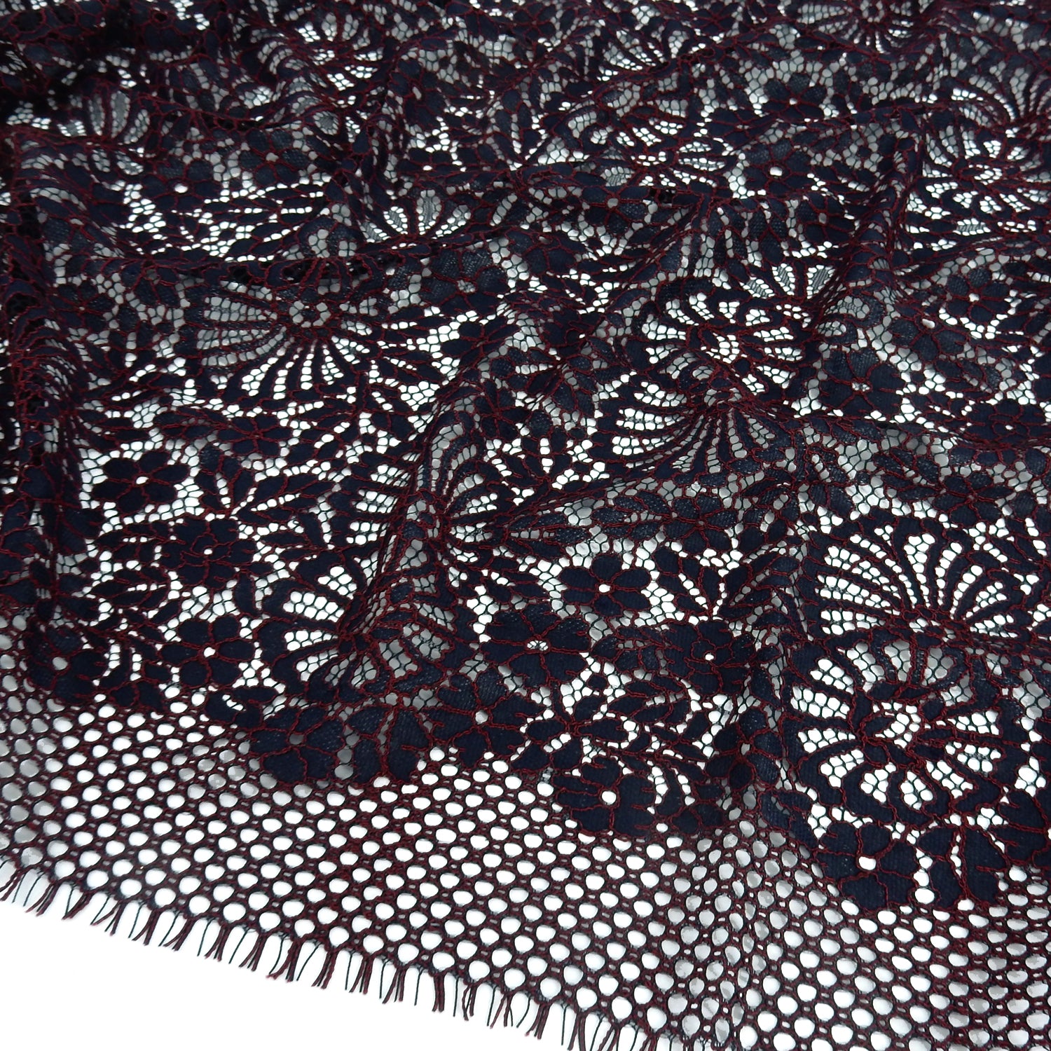 Double Scalloped Eyelash Border Klauber Lace Fabric 4095 Navy/Burgundy