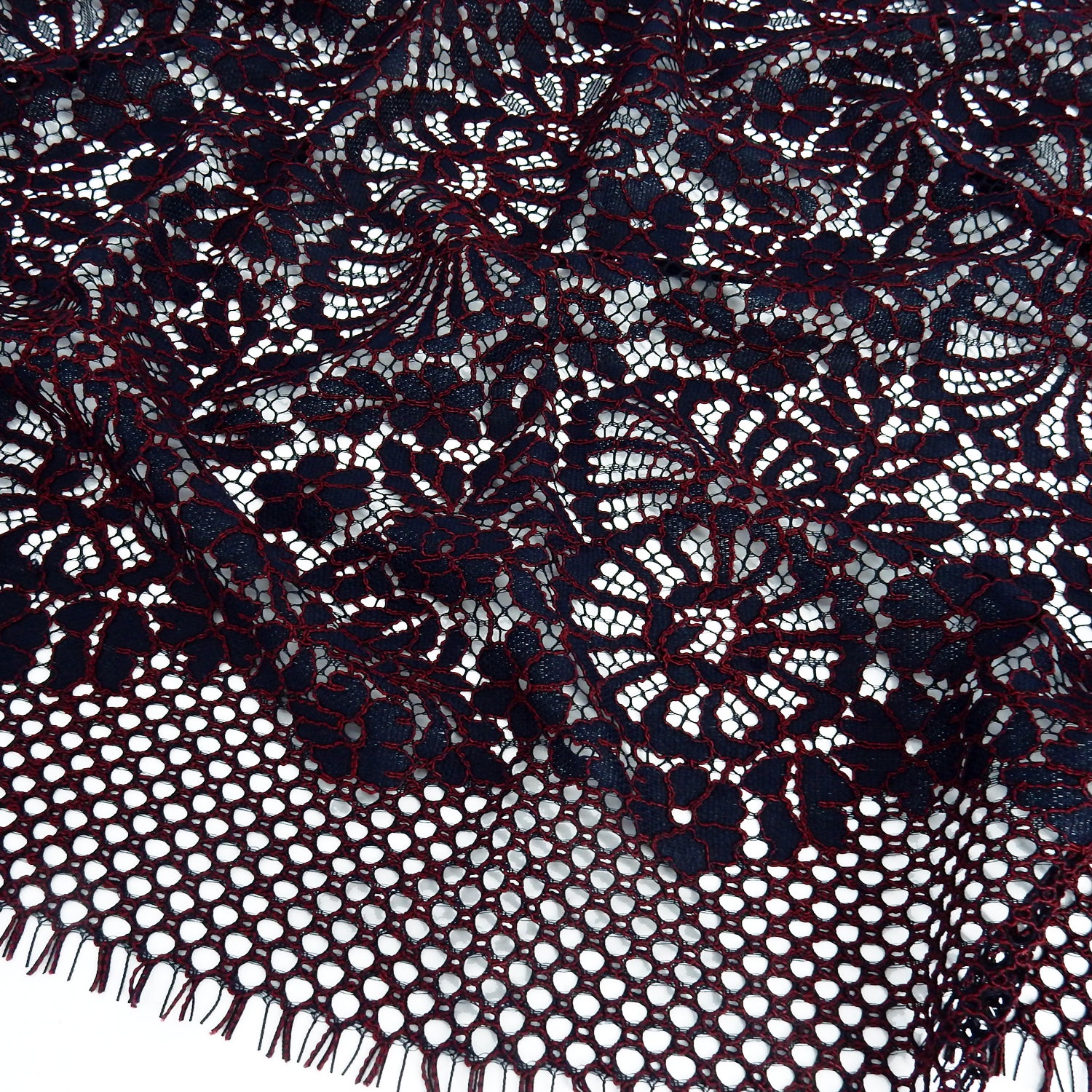 Double Scalloped Eyelash Border Klauber Lace Fabric 4095 Navy/Burgundy