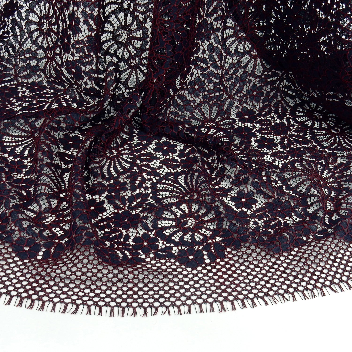 Double Scalloped Eyelash Border Klauber Lace Fabric 4095 Navy/Burgundy