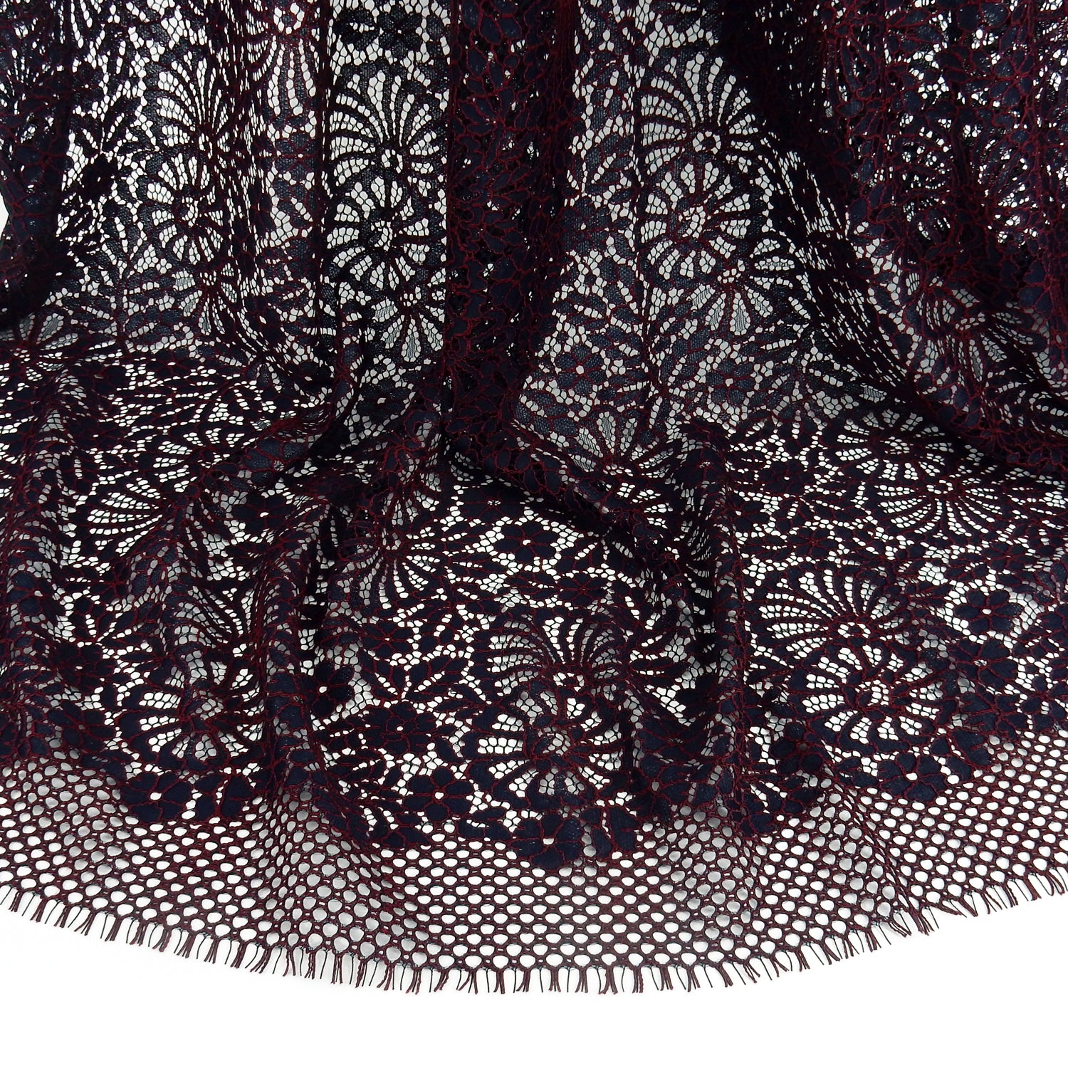 Double Scalloped Eyelash Border Klauber Lace Fabric 4095 Navy/Burgundy