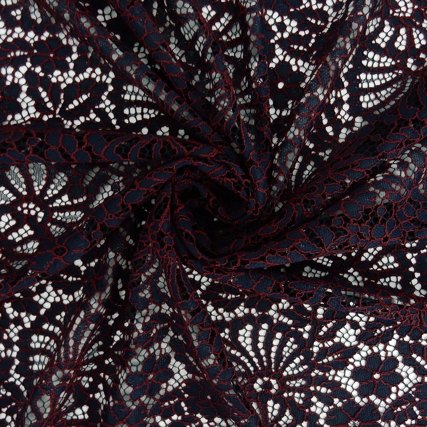 Double Scalloped Eyelash Border Klauber Lace Fabric 4095 Navy/Burgundy