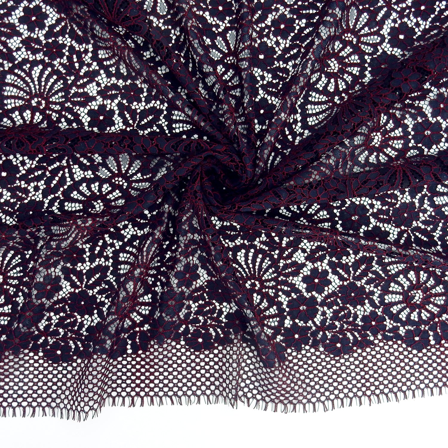 Double Scalloped Eyelash Border Klauber Lace Fabric 4095 Navy/Burgundy