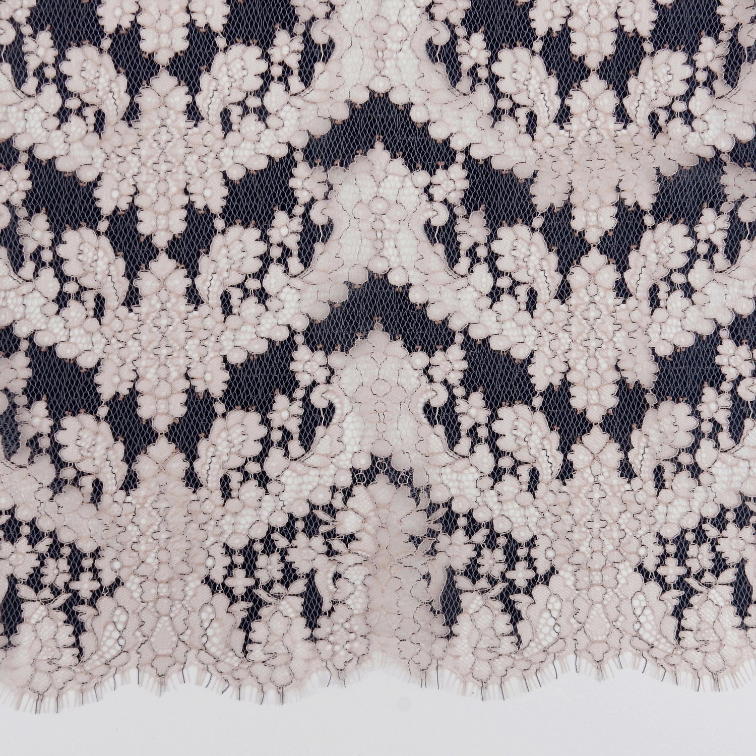 Double Sided Eyelash Border Chantilly Klauber Lace Fabric 4141 Shell Pink/Navy