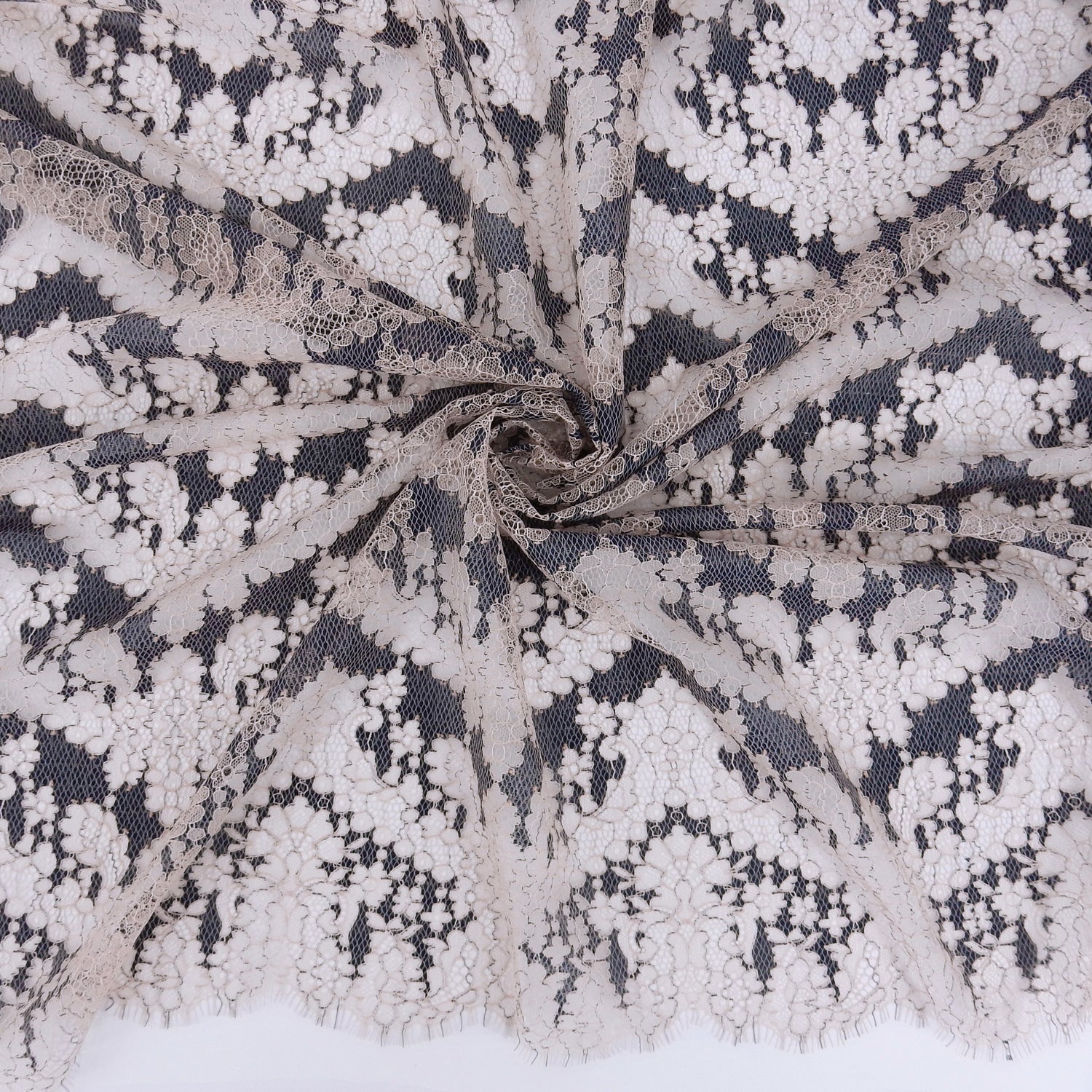 Double Sided Eyelash Border Chantilly Klauber Lace Fabric 4141 Shell Pink/Navy