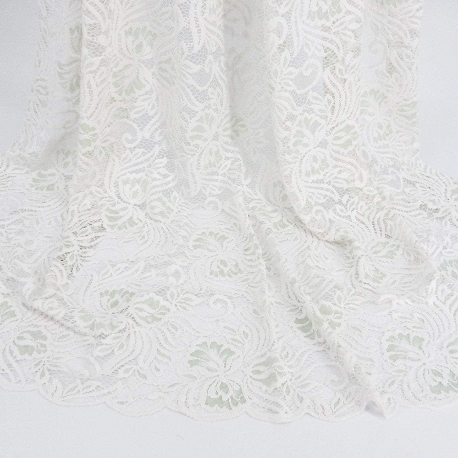 Embroidered Double Border Stretch Klauber Lace Fabric 6014 Ivory/Dusty Aqua