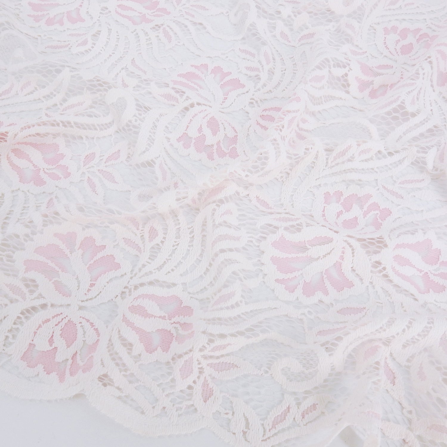 Embroidered Double Border Stretch Klauber Lace Fabric 6014 Ivory/Roseate