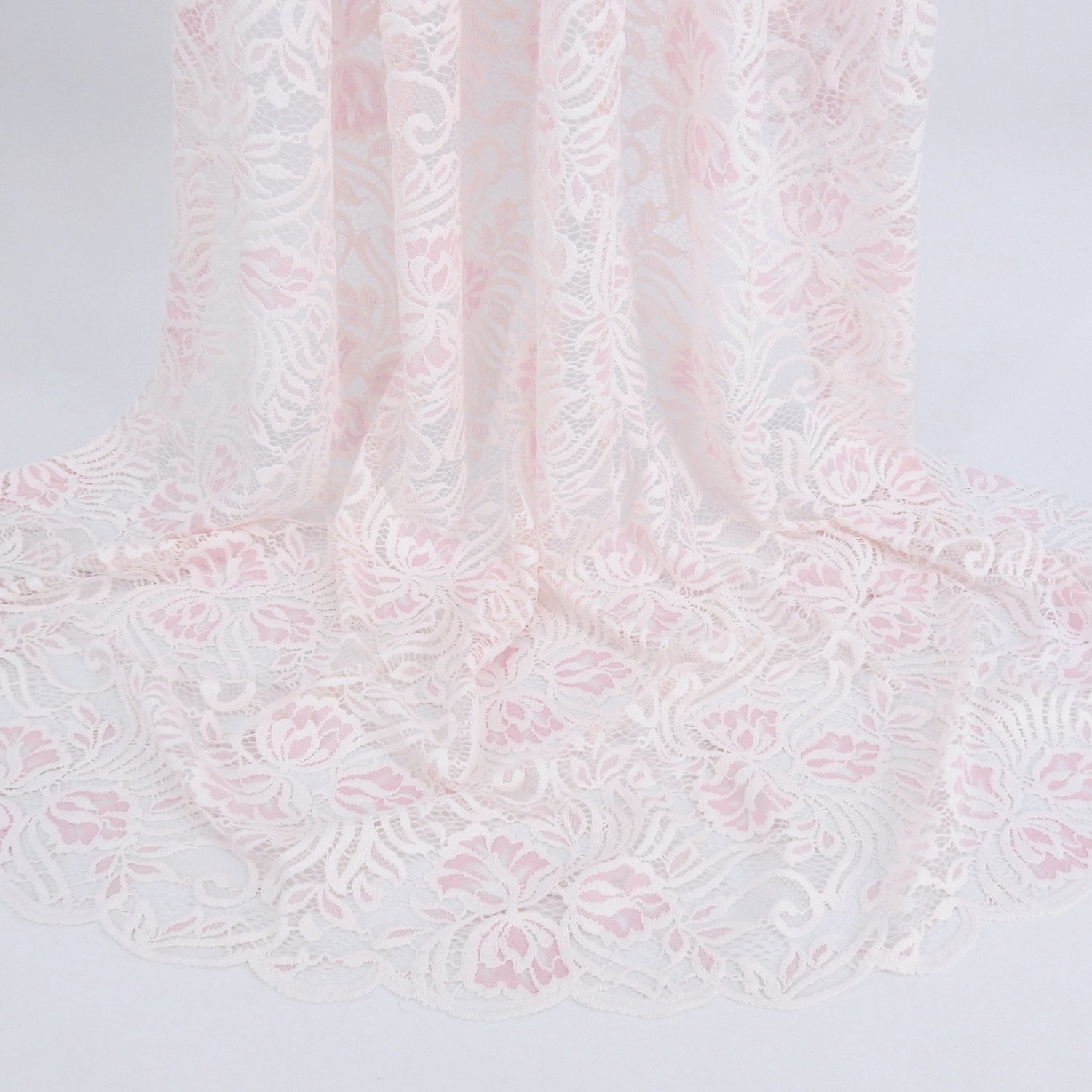 Embroidered Double Border Stretch Klauber Lace Fabric 6014 Ivory/Roseate