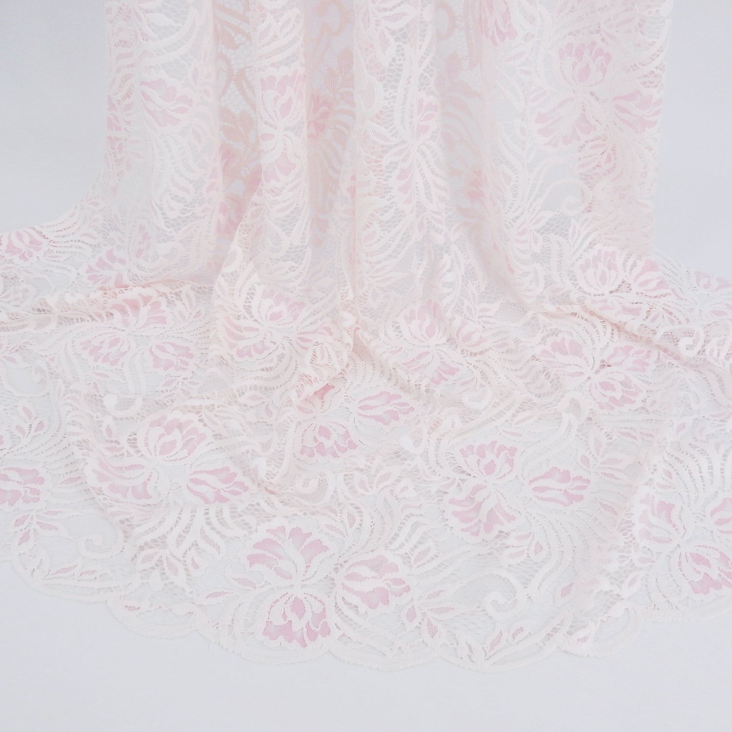 Embroidered Double Border Stretch Klauber Lace Fabric 6014 Ivory/Roseate