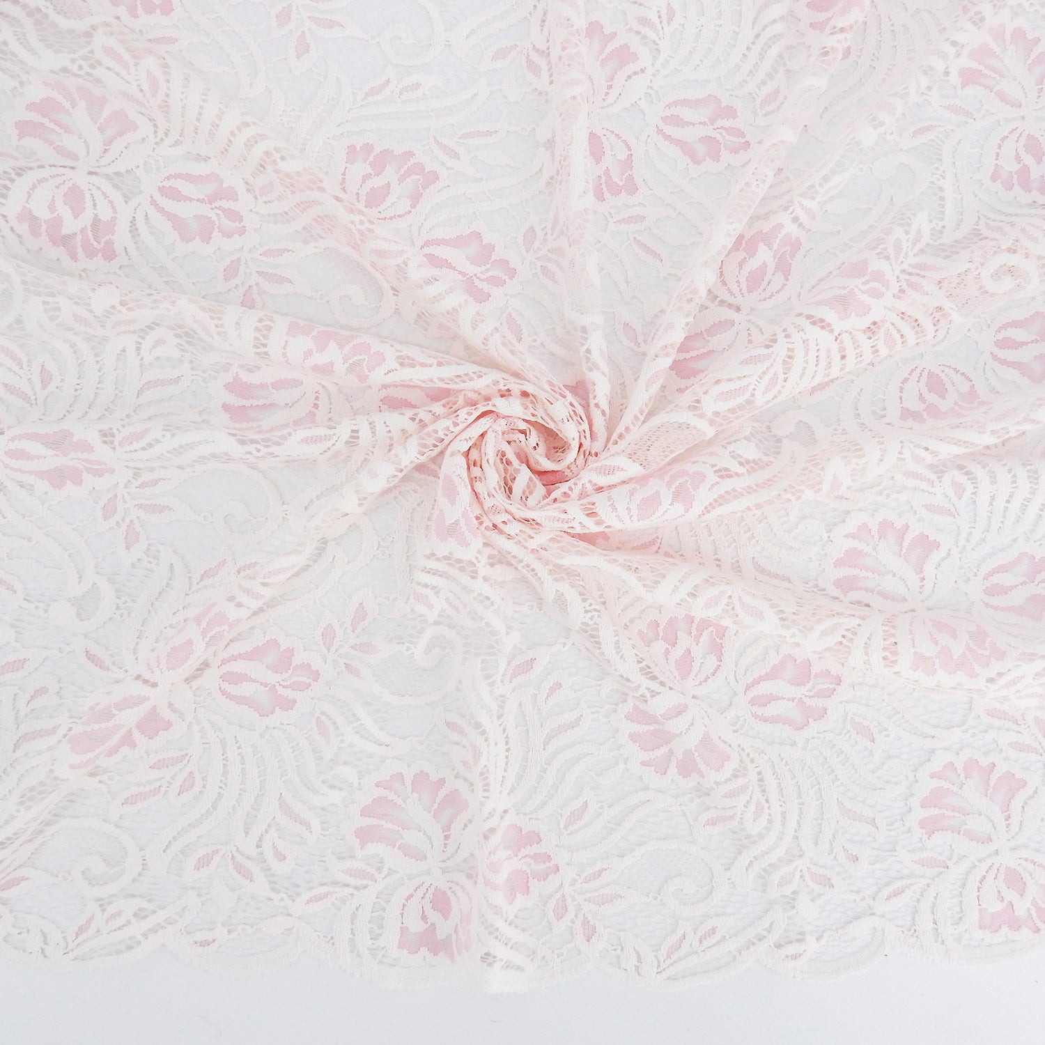 Embroidered Double Border Stretch Klauber Lace Fabric 6014 Ivory/Roseate