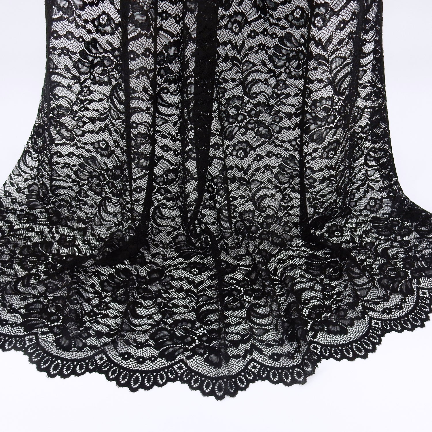 Double Eyelash Border Stretch Mesh Klauber Lace Fabric 9492 Black