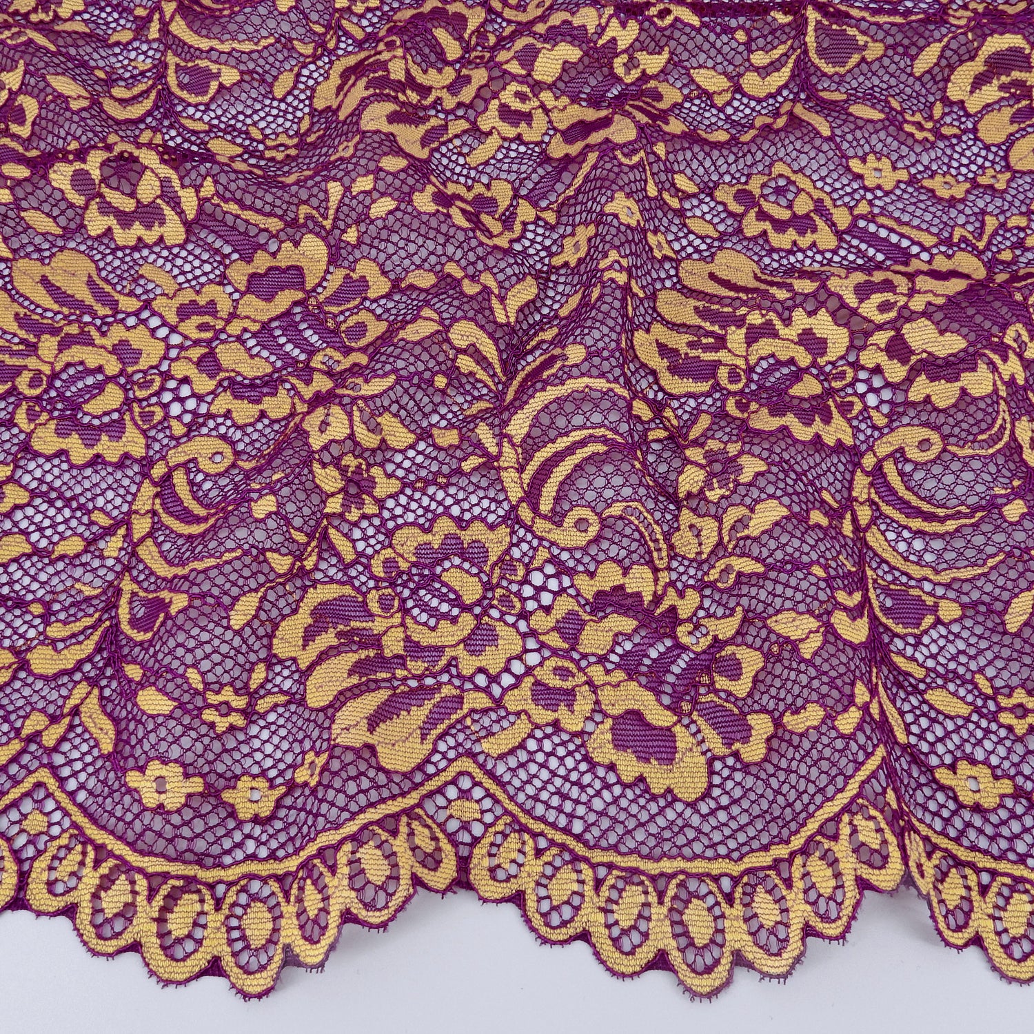 Double Sided Eyelash Border Stretch Mesh Klauber Lace Fabric 9492 Sparkling Grape/ Iced Popp