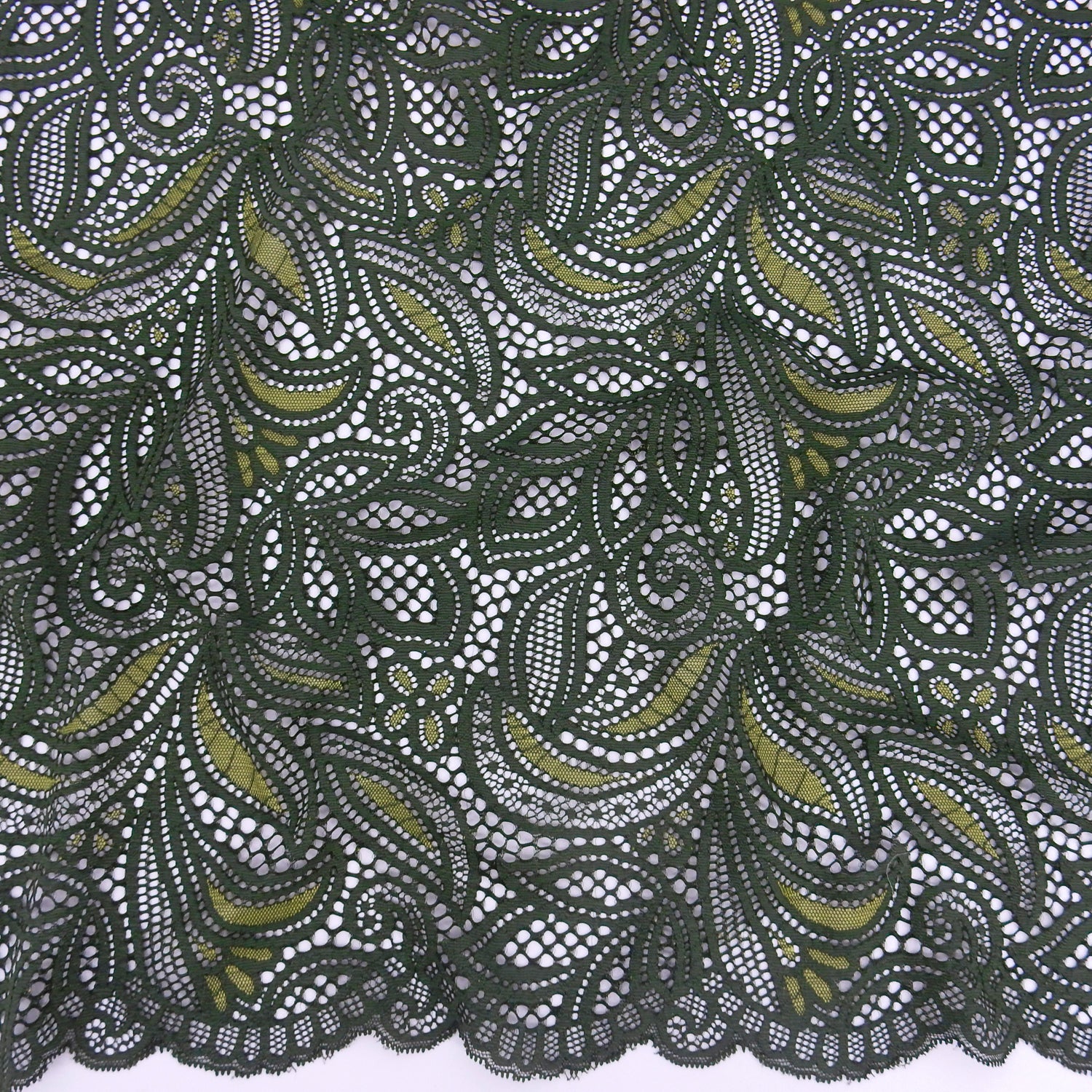 Double Sided Border Stretch Klauber Lace Fabric 9772 Deep Forest/Sweet Pea