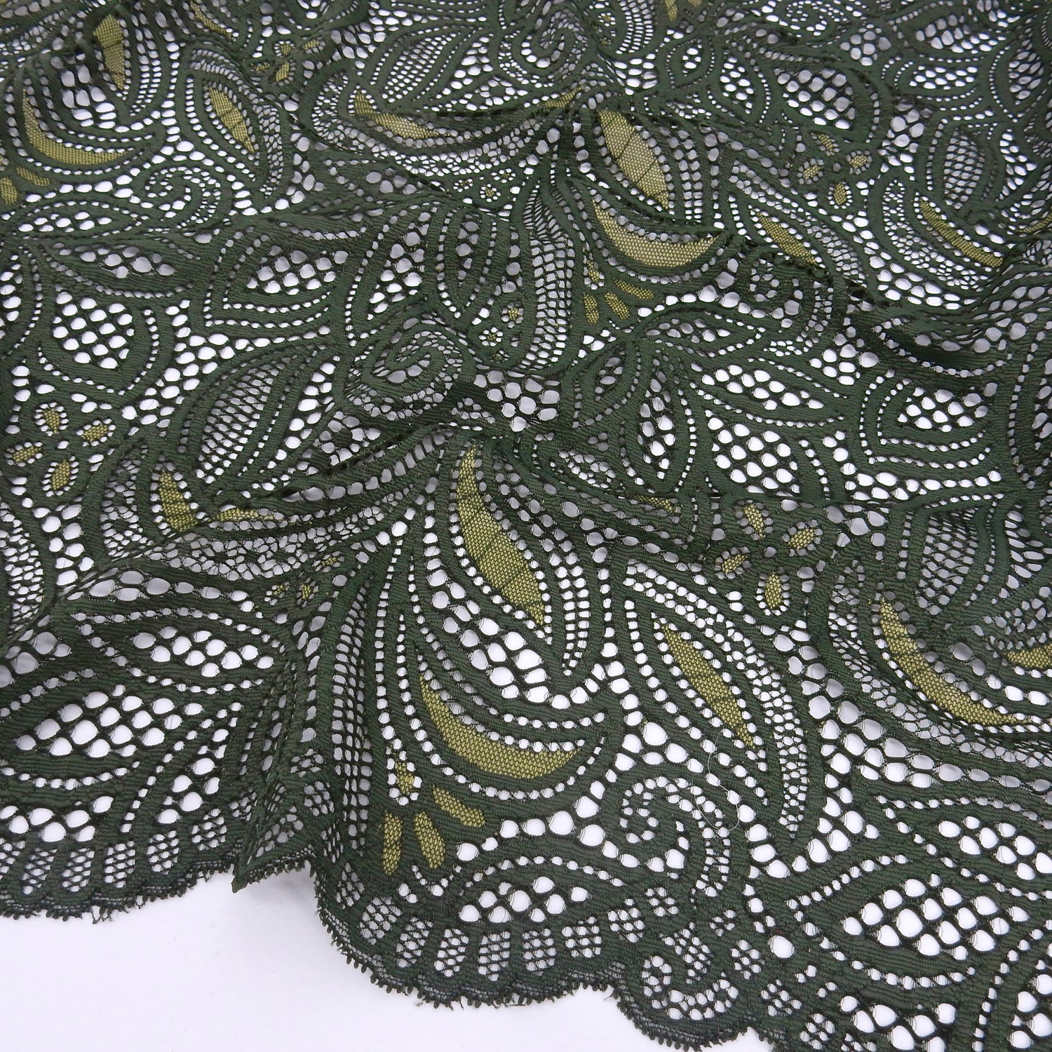 Double Sided Border Stretch Klauber Lace Fabric 9772 Deep Forest/Sweet Pea