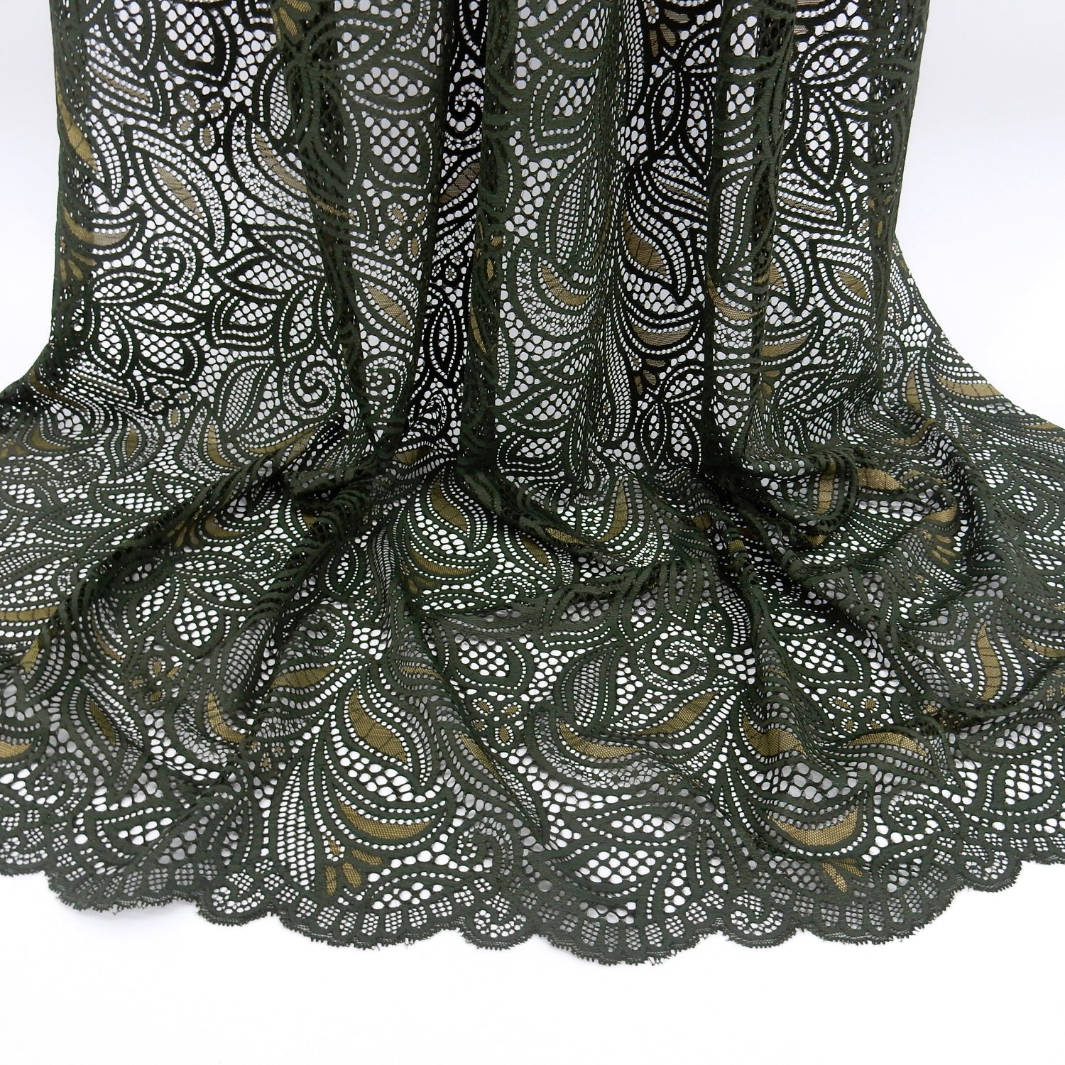 Double Sided Border Stretch Klauber Lace Fabric 9772 Deep Forest/Sweet Pea