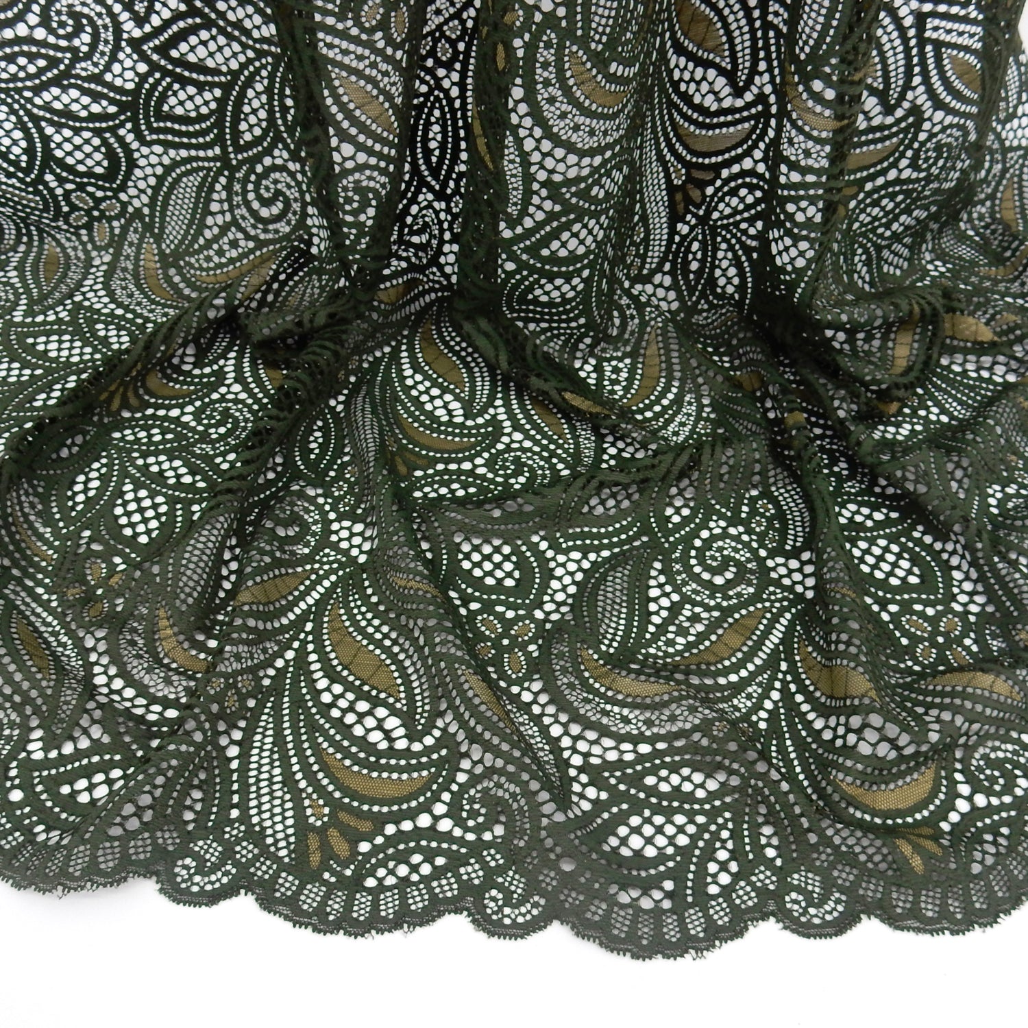 Double Sided Border Stretch Klauber Lace Fabric 9772 Deep Forest/Sweet Pea