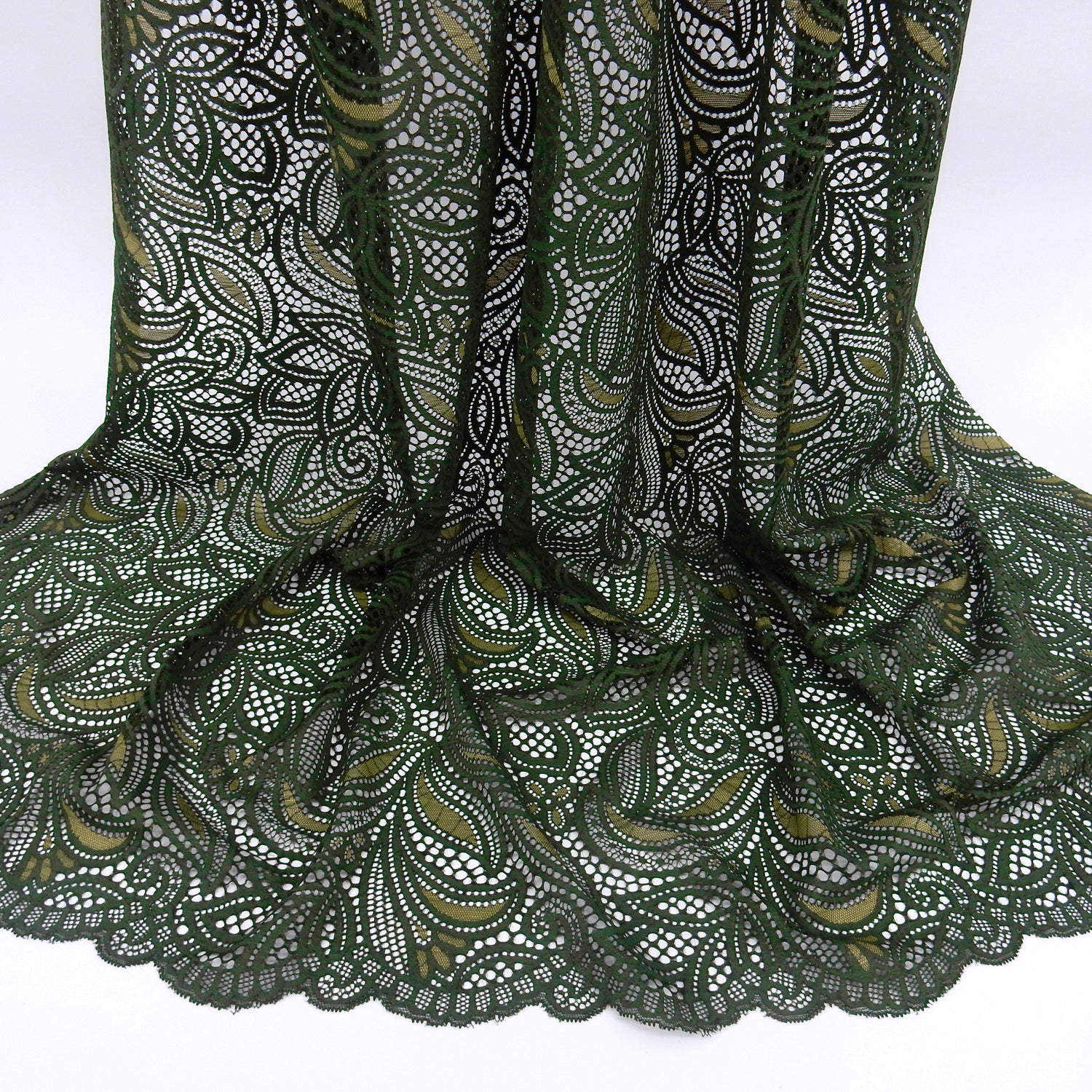 Double Sided Border Stretch Klauber Lace Fabric 9772 Deep Forest/Sweet Pea