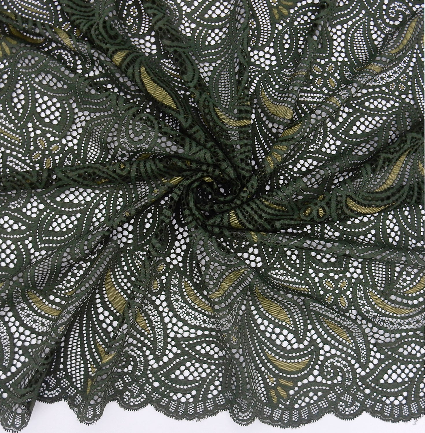 Double Sided Border Stretch Klauber Lace Fabric 9772 Deep Forest/Sweet Pea