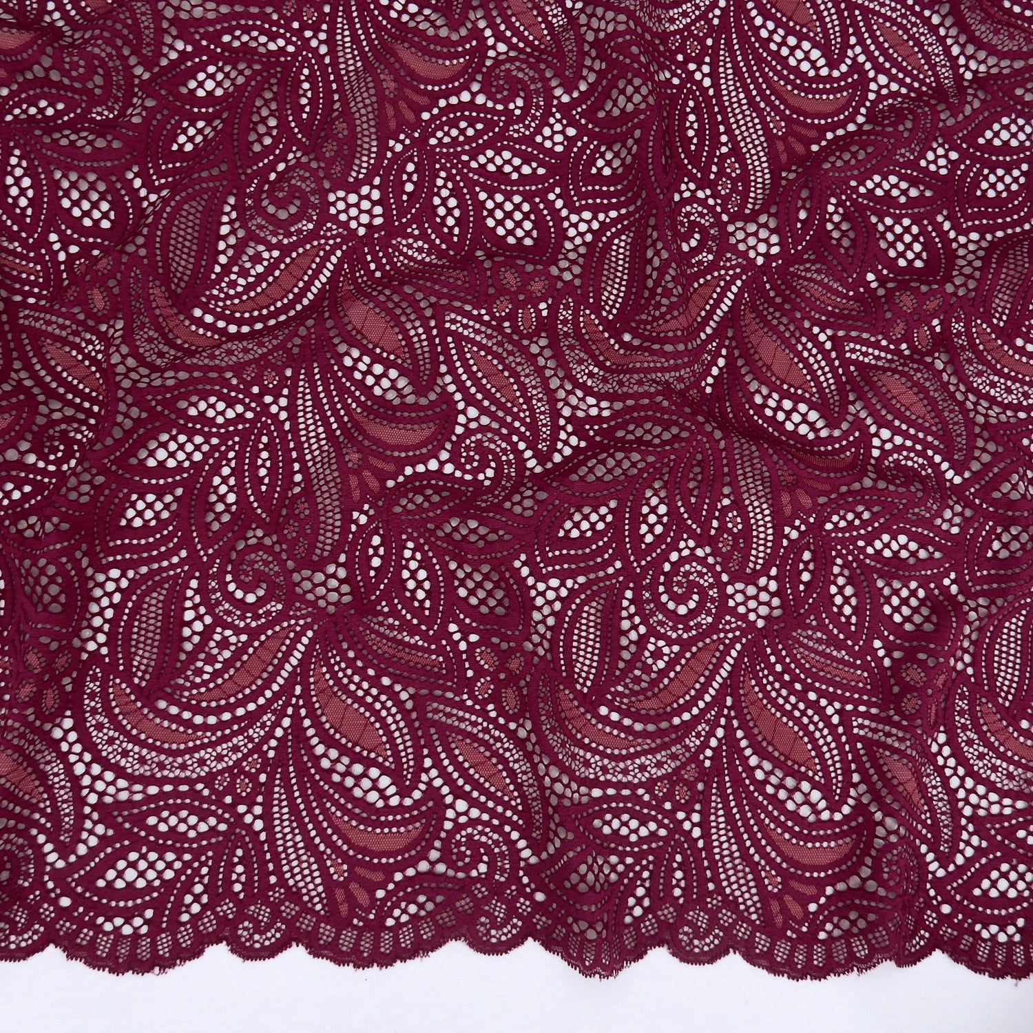 Double Sided Border Stretch Klauber Lace Fabric 9772 Red Plum/Terra Cotta