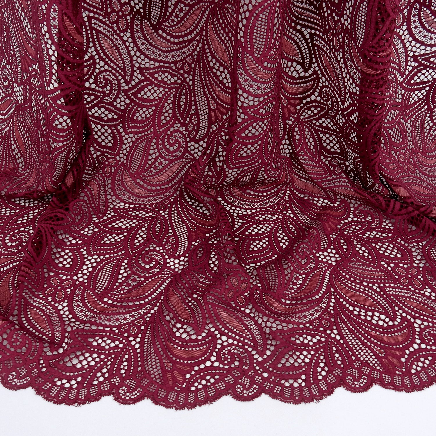Double Sided Border Stretch Klauber Lace Fabric 9772 Red Plum/Terra Cotta