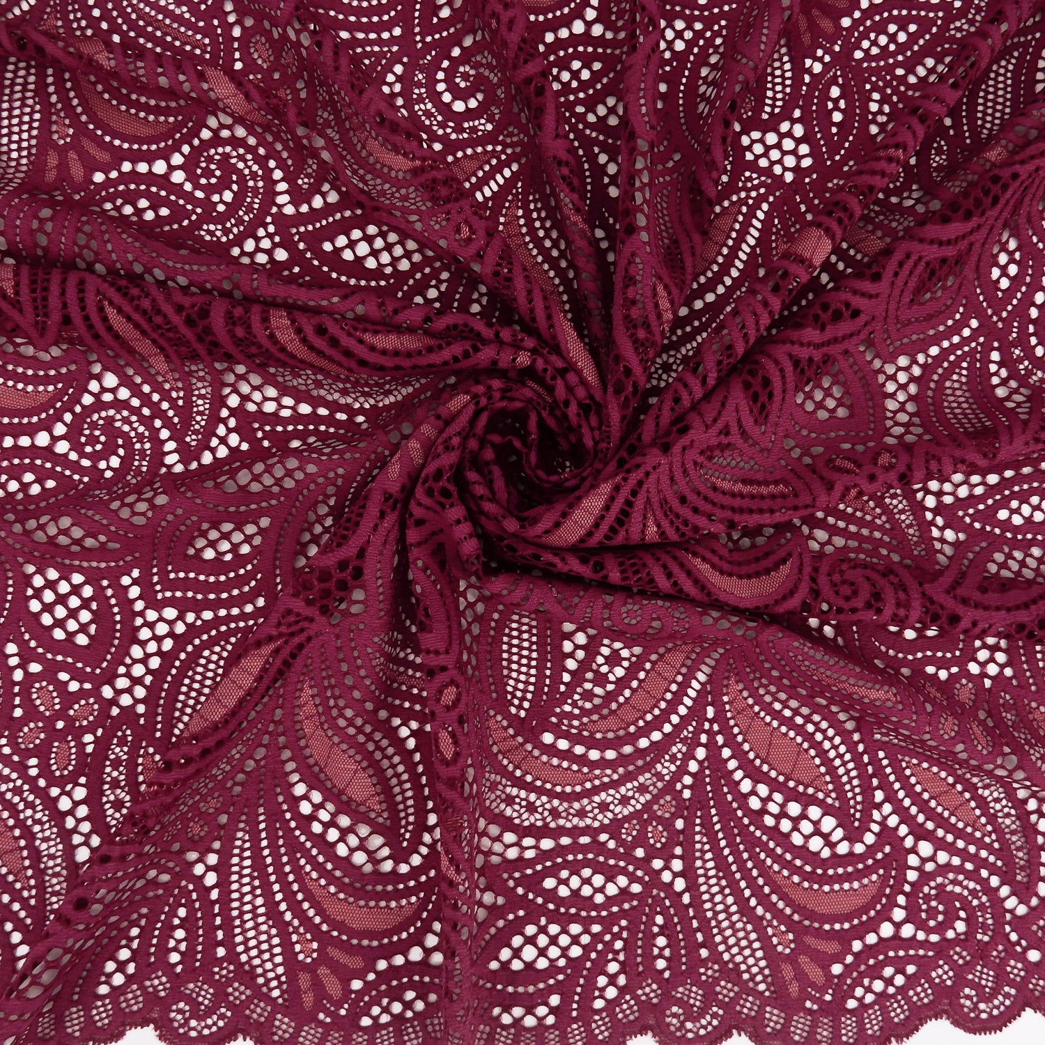 Double Sided Border Stretch Klauber Lace Fabric 9772 Red Plum/Terra Cotta