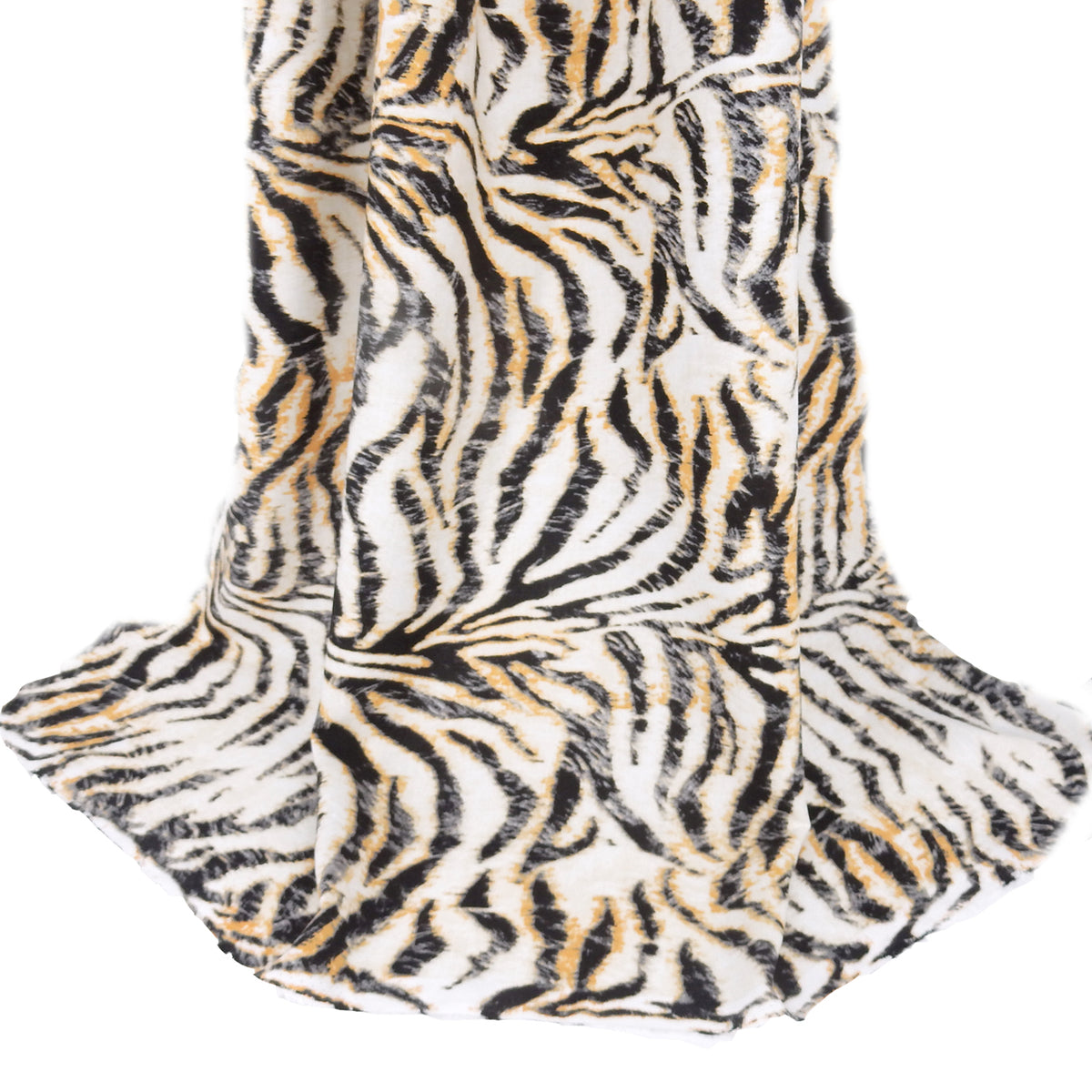 Premium 100% Rayon Challis Fabric. Artistic Tiger Stripe Print in Soft Orange, Charcoal & Creamy White. lightweight & ultra soft. shown draped