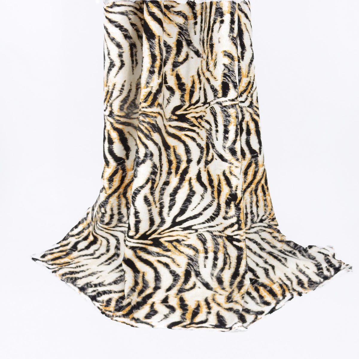 Premium 100% Rayon Challis Fabric. Artistic Tiger Stripe Print in Soft Orange, Charcoal & Creamy White. lightweight & ultra soft. shown draped