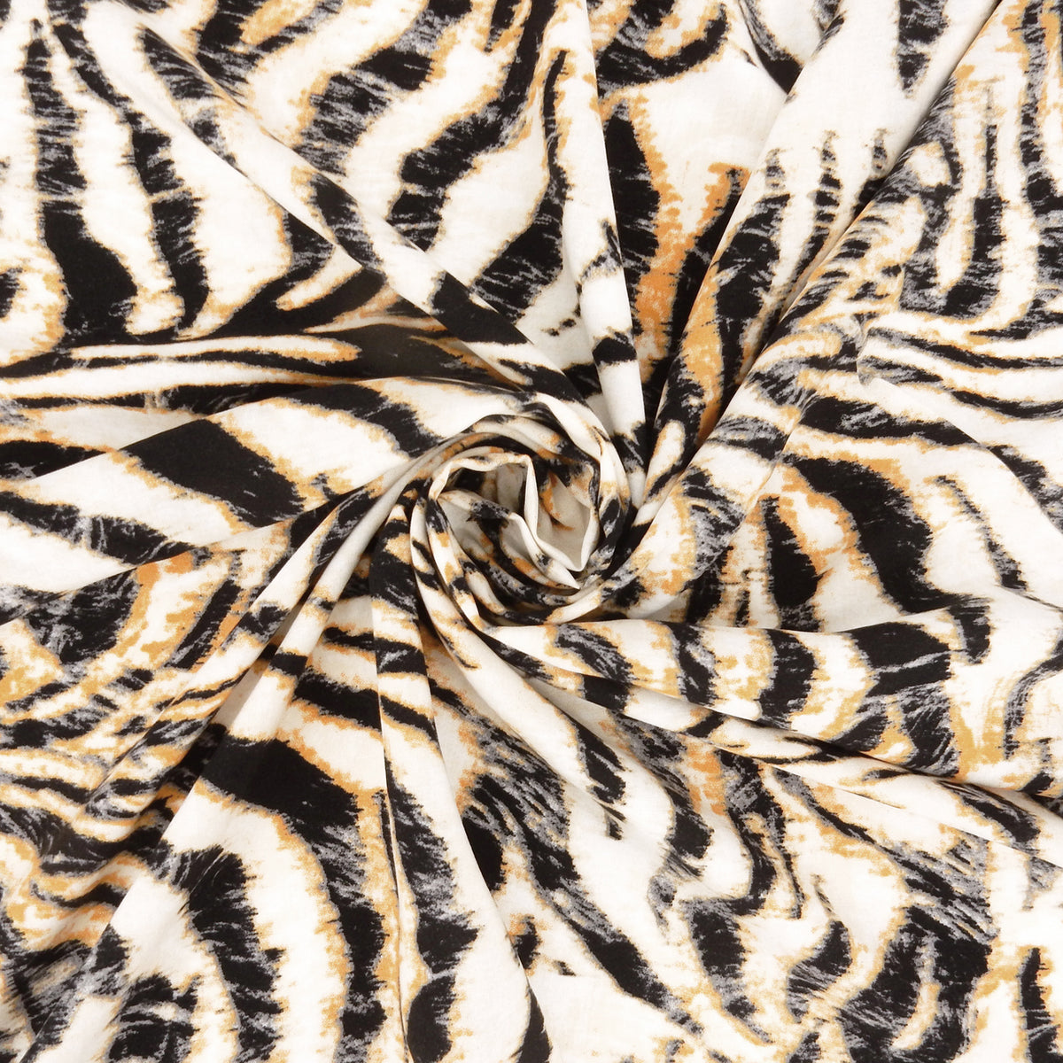 Premium 100% Rayon Challis Fabric. Artistic Tiger Stripe Print in Soft Orange, Charcoal & Creamy White. lightweight & ultra soft. shown swirled