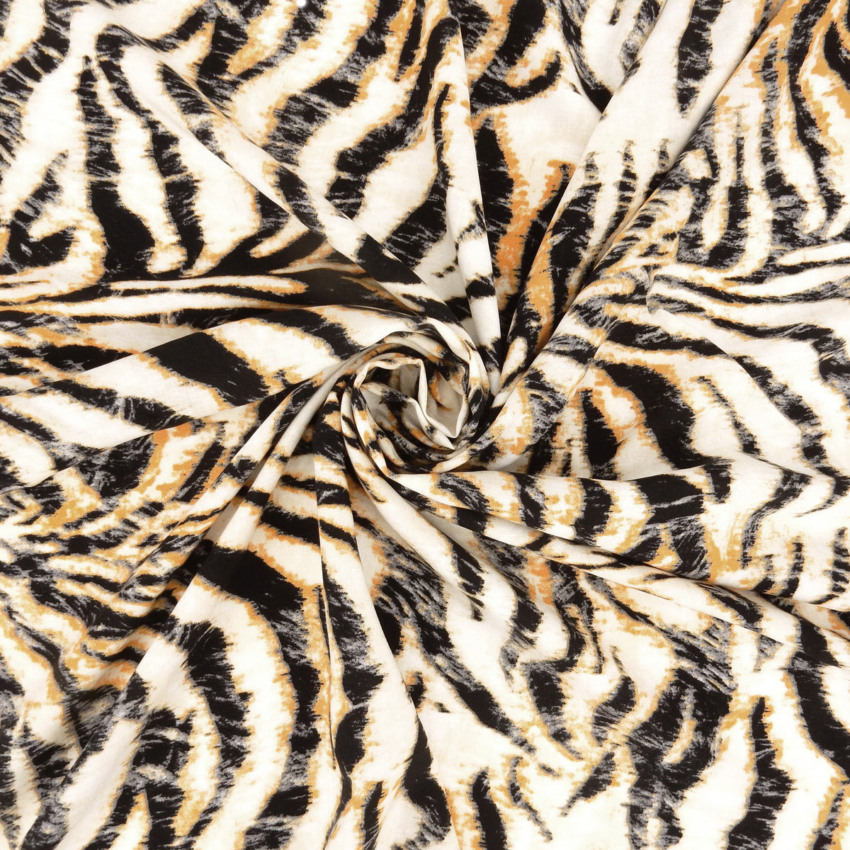 Premium 100% Rayon Challis Fabric. Artistic Tiger Stripe Print in Soft Orange, Charcoal & Creamy White. lightweight & ultra soft. shown swirled