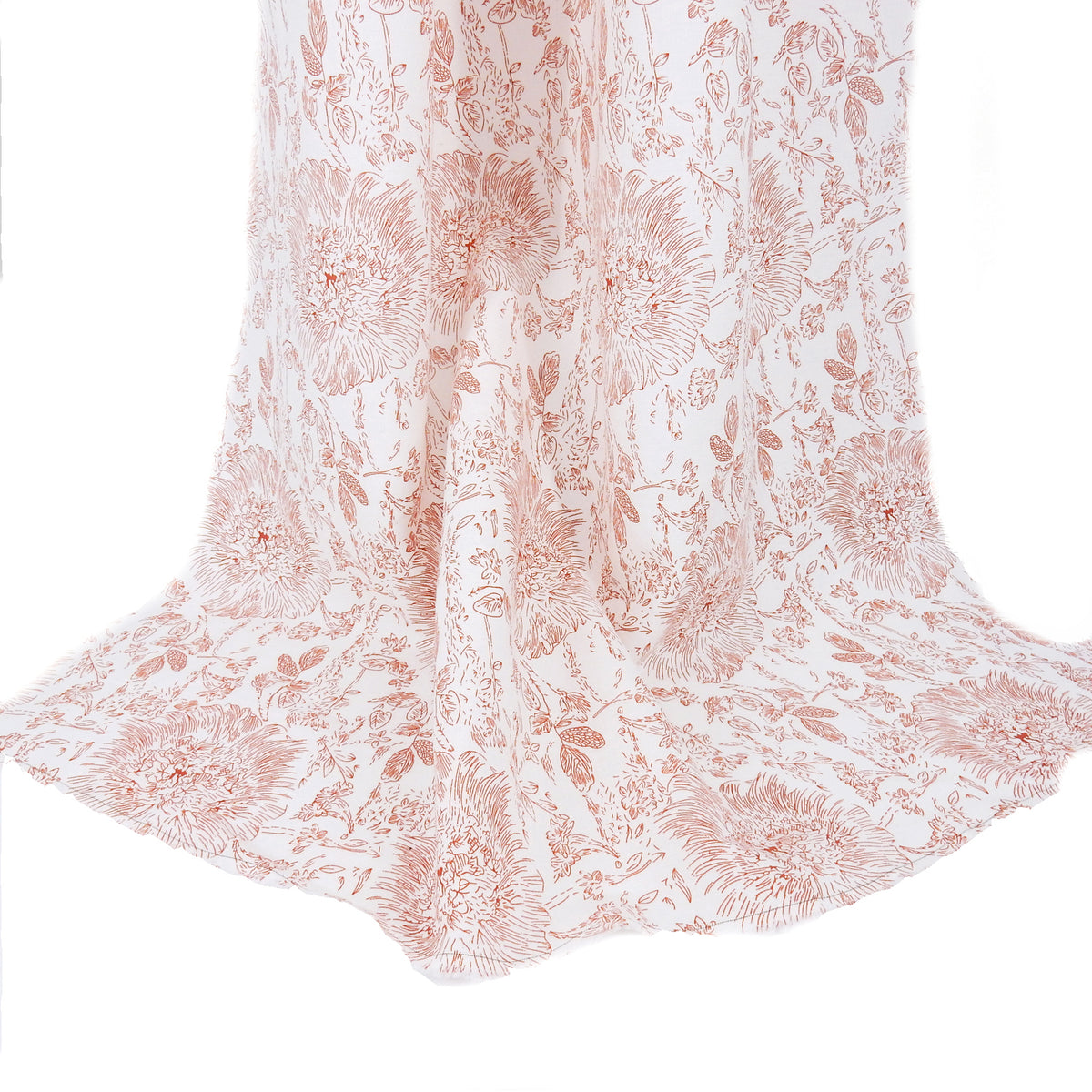 Premium 100% European Linen Printed Toile Floral Fabric. Terracotta Clay & White. mid-weight apparel & high end home decor. shown draped