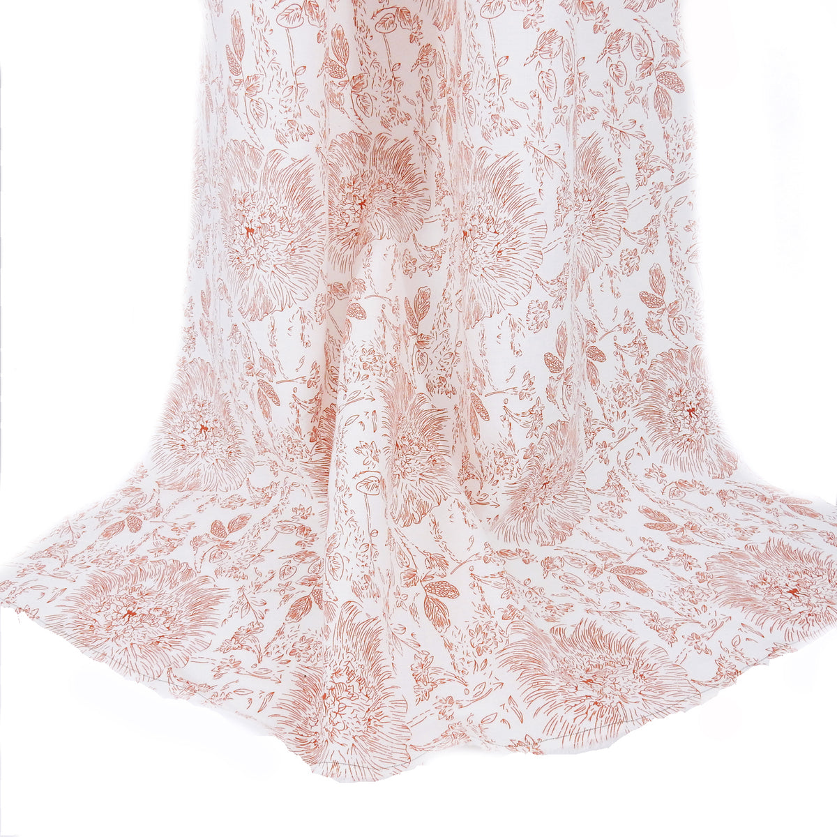 Premium 100% European Linen Printed Toile Floral Fabric. Terracotta Clay & White. mid-weight apparel & high end home decor. shown draped