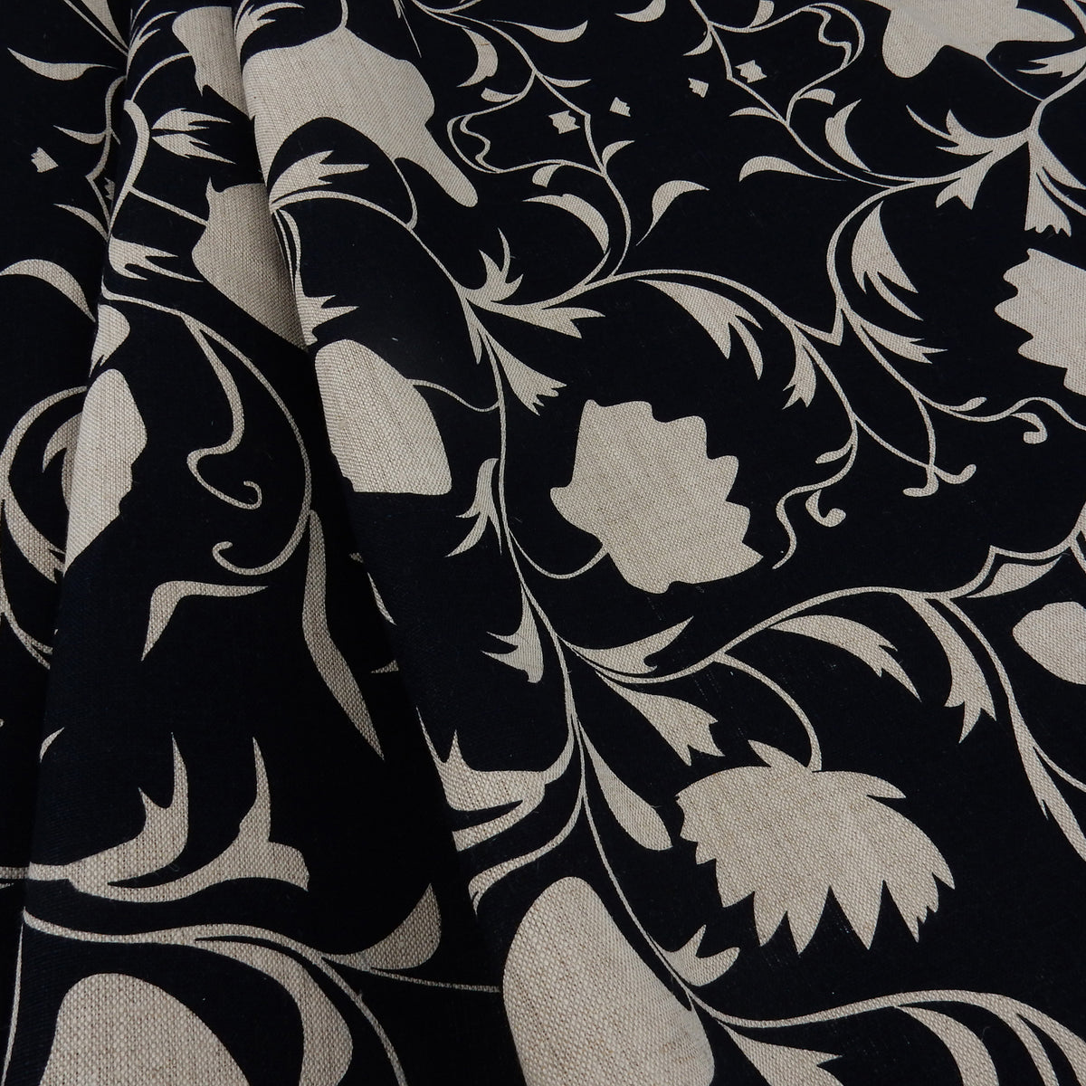 Premium 100% European Linen Floral Damask Print Fabric ALLF1-934 Black-Natural
