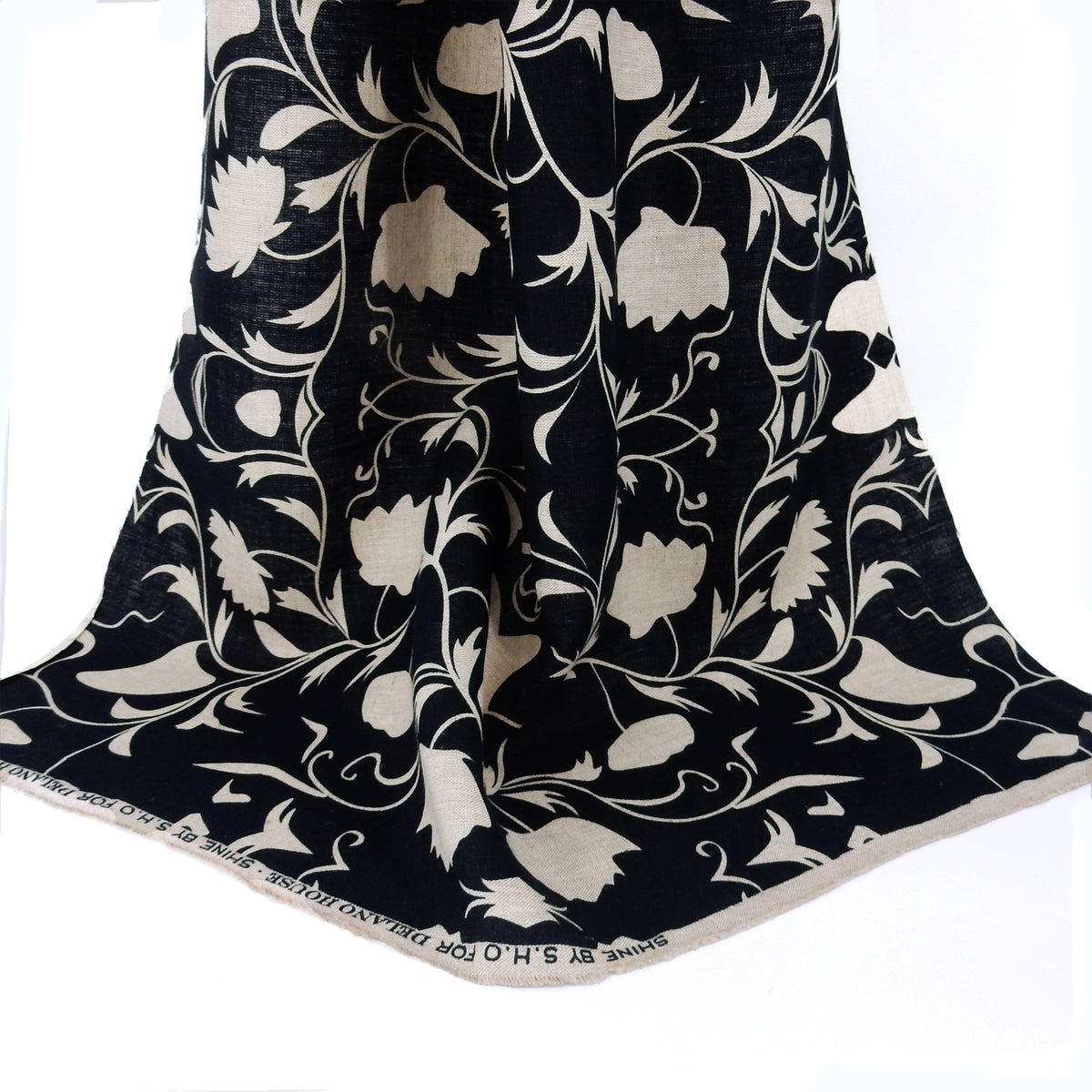 Premium 100% European Linen Floral Damask Print Fabric ALLF1-934 Black-Natural