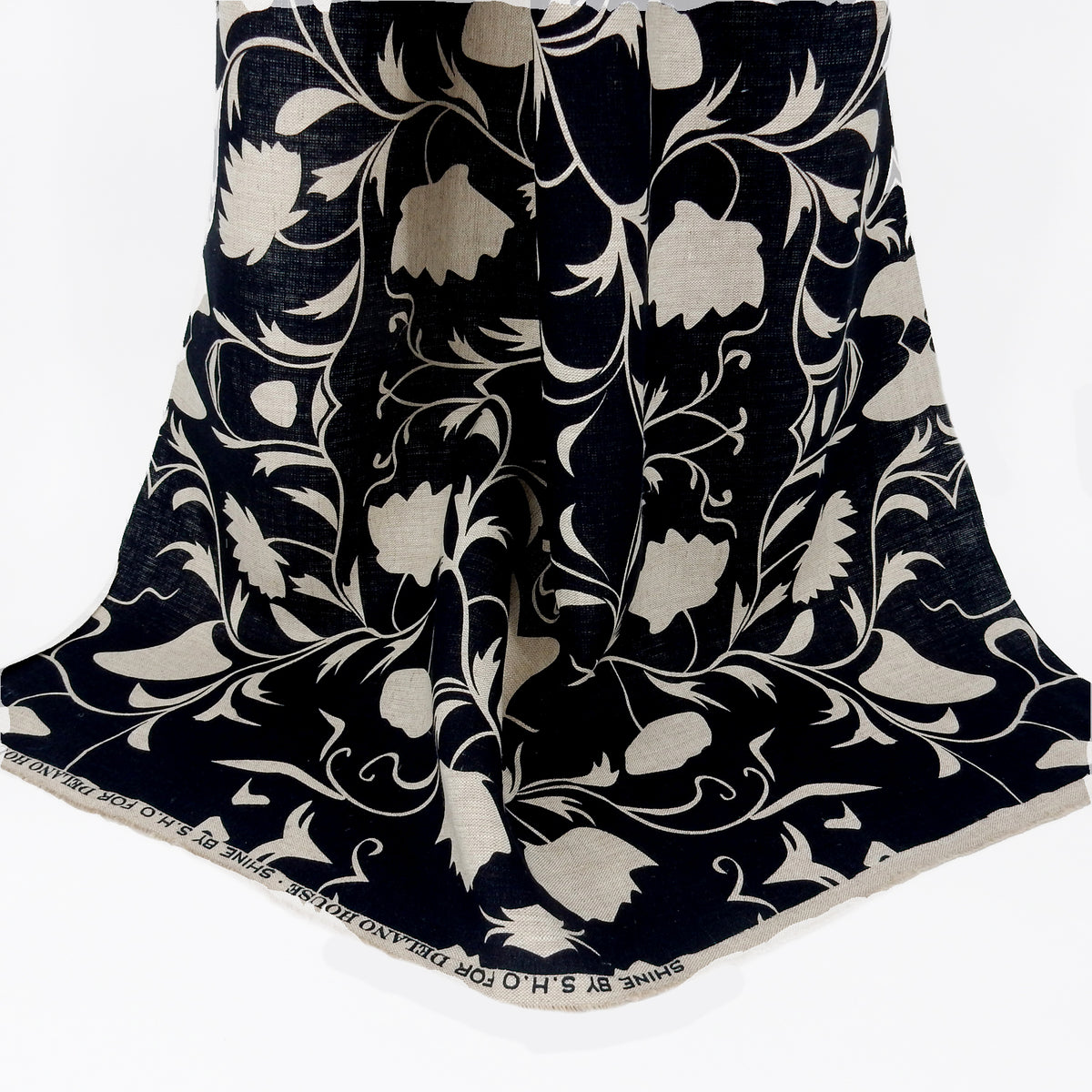 Premium 100% European Linen Floral Damask Print Fabric ALLF1-934 Black-Natural