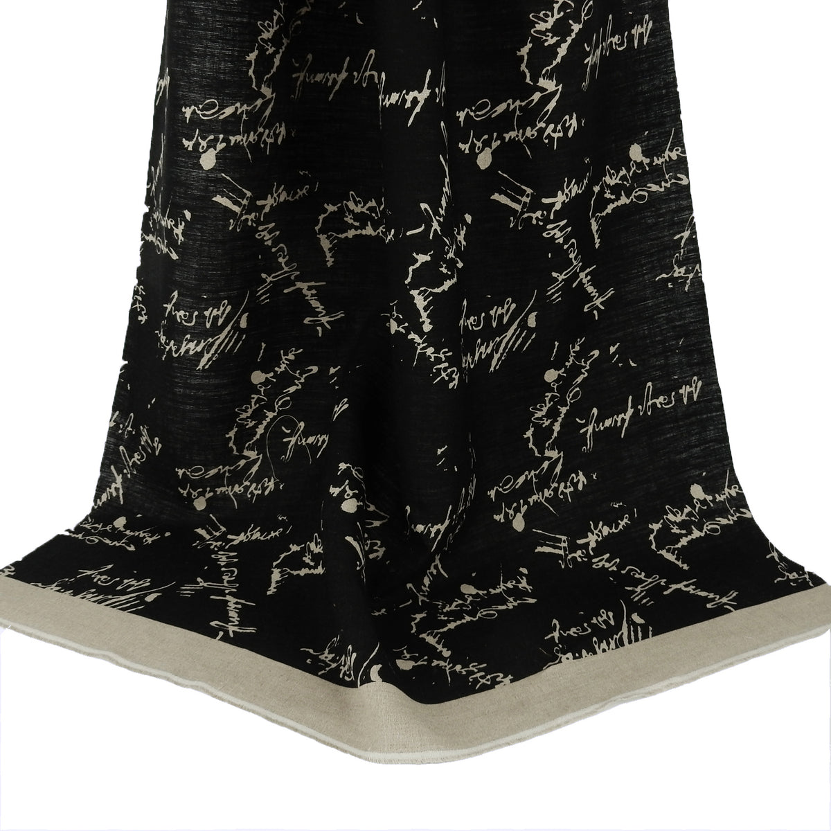 Premium 100% European Linen Printed Script Fabric - Black & Undyed Natural. versatile apparel & high-end home decor. shown draped