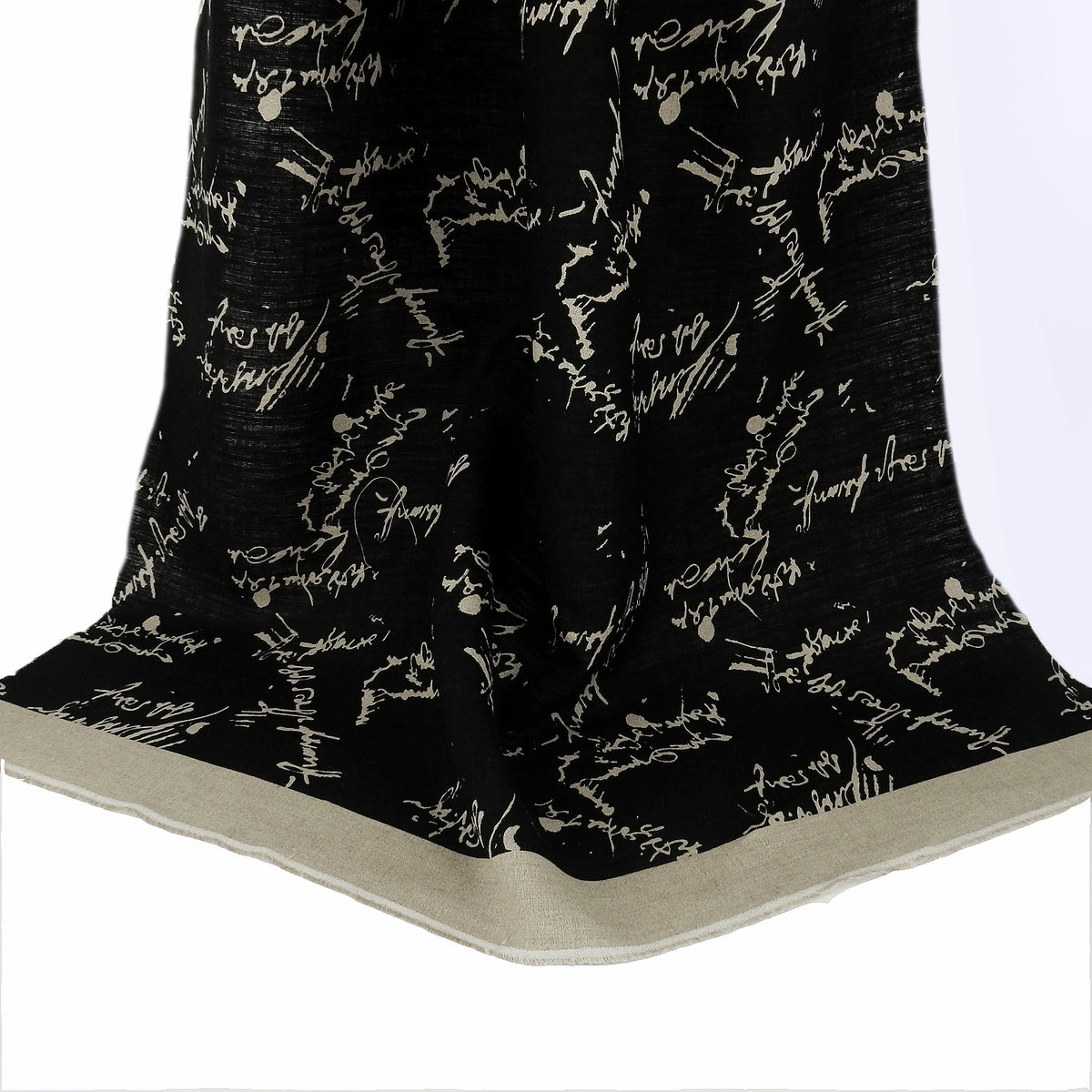 Premium 100% European Linen Printed Script Fabric - Black & Undyed Natural. versatile apparel & high-end home decor. shown draped