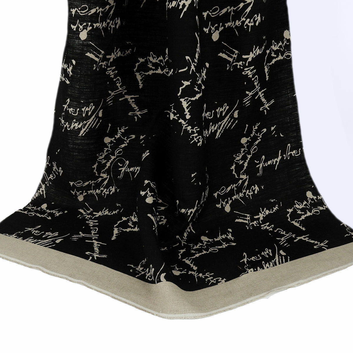 Premium 100% European Linen Printed Script Fabric - Black & Undyed Natural. versatile apparel & high-end home decor. shown draped